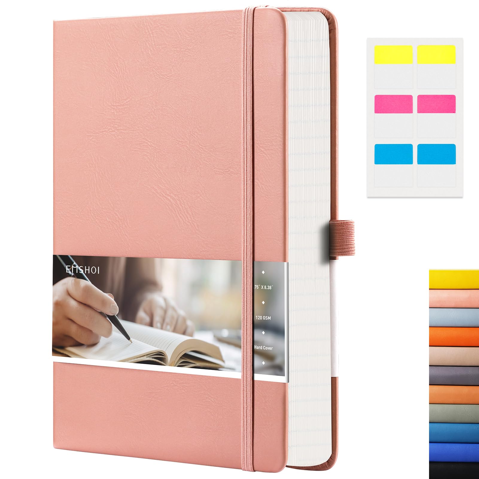 EMSHOI College Ruled Notebook-120gsm Thick Paper, 256 Numbered Pages Lined Journal for Women, 16 Perforated Pages, Faux Leather Hardcover, Inner Pocket, Pen Holder, A5 Medium 5.75" x 8.38"-Pink