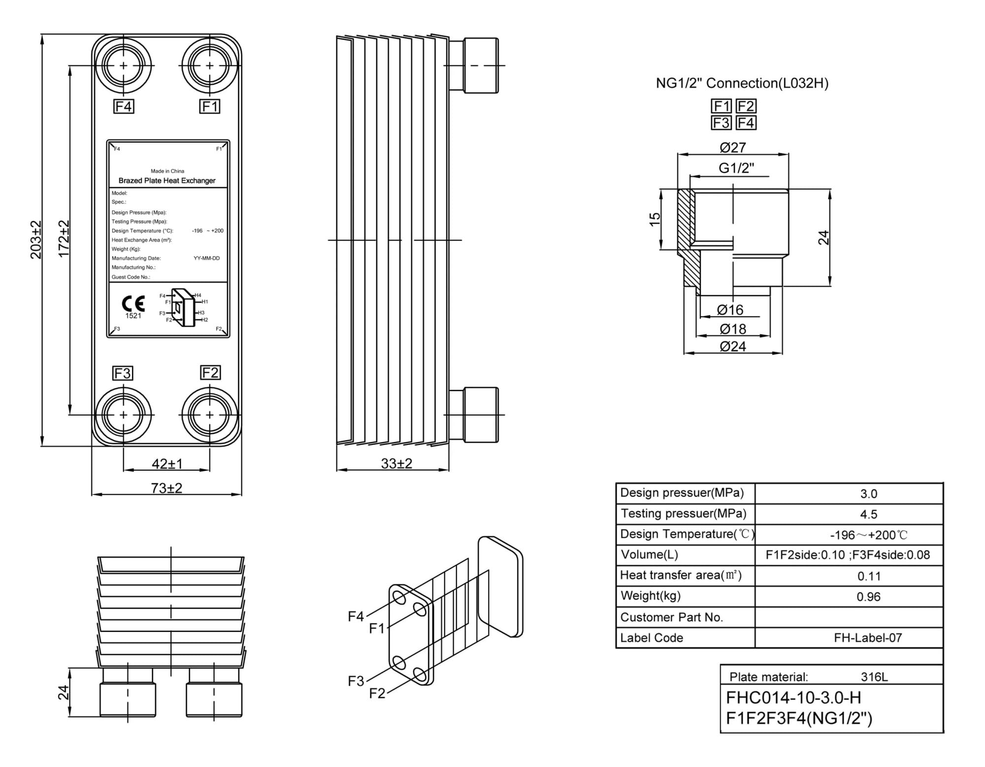Intercambiador de calor, Intercambiador De Calor De Placas Soldadas De 10 Placas, Intercambiador De Calor De Acero Inoxidable Con Conector Hembra BSPP De 1/2'' Para calefacción por suelo radiante