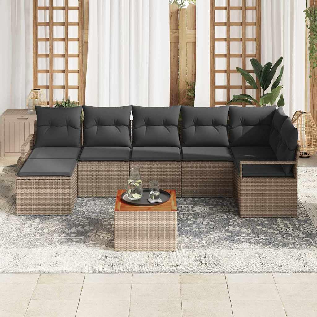 Juego de 8 sofás de jardín de polirratán, gris, 55 x 62 x 69 cm, modular, balcón, muebles de jardín con espacio de almacenamiento, madera de acacia robusta para balcón, terraza y jardín de