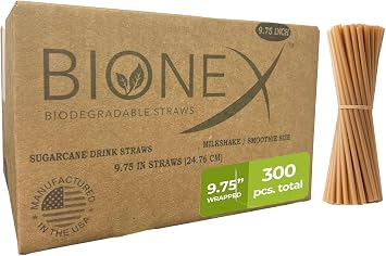 Bionex 9.75-inch Sugarcane disposable straws, Milkshake/Smoothie Straws, Straws unwrapped, Plastic straw and Paper Straw Alternative, US-Manufactured 300 Count per Case