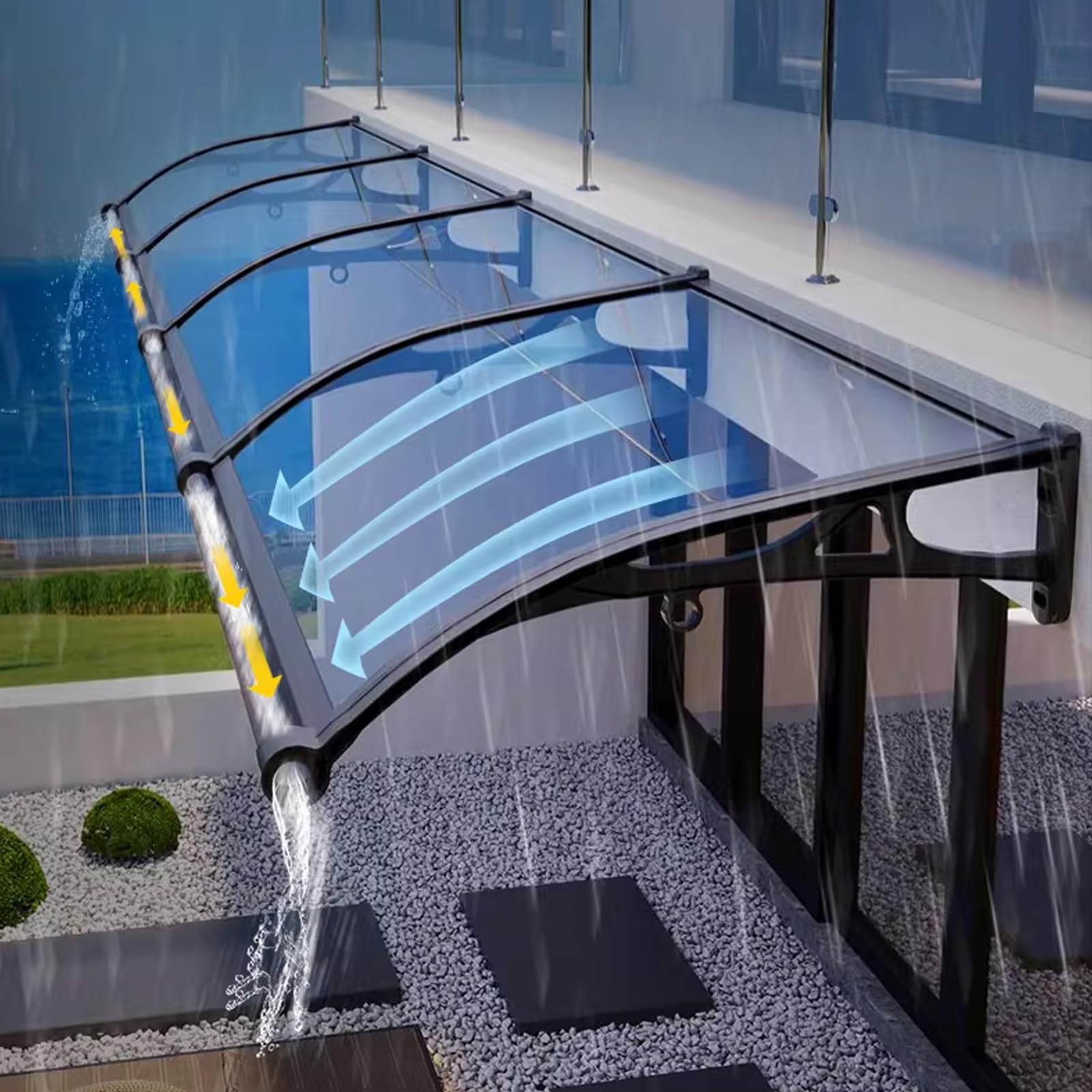Abri de terrasse et porche abrité grâce à l'auvent de porte extérieure transparent et incurvé