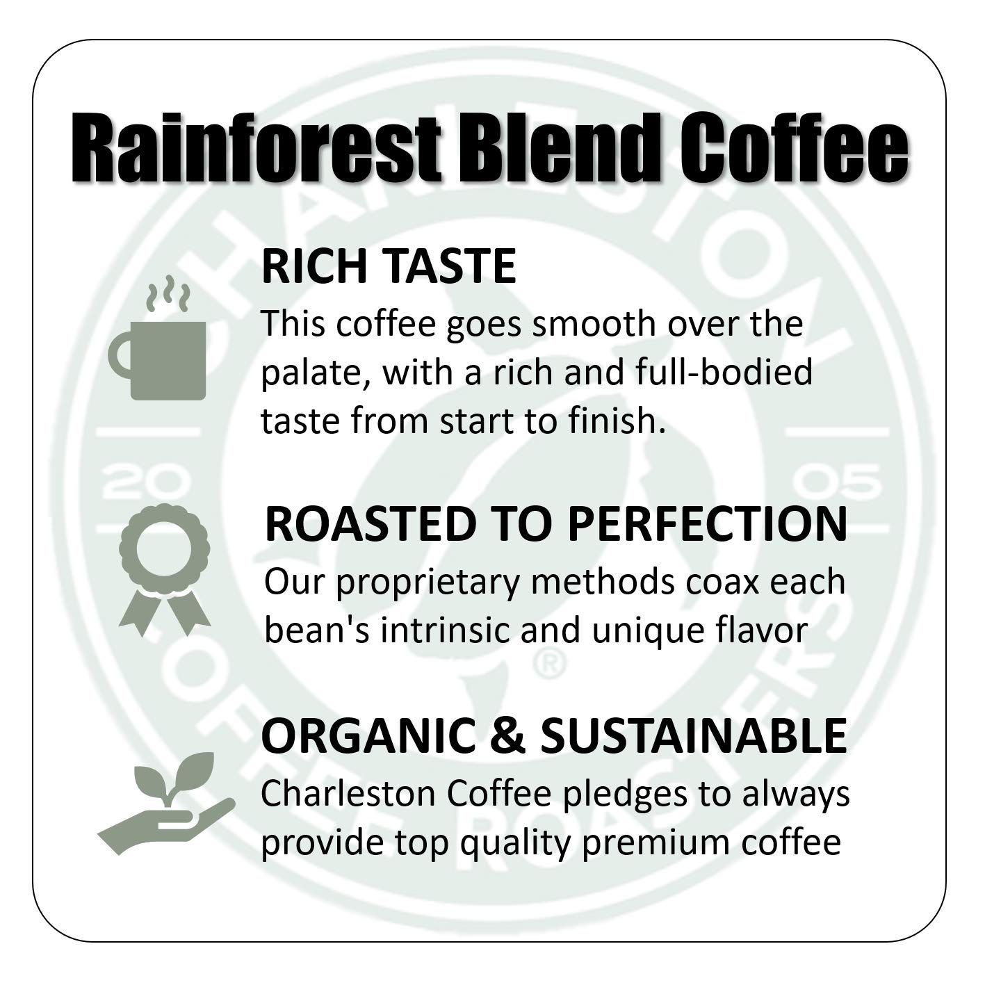 Charleston Coffee Roasters | Specialty Organic Ground Coffee | Hand Picked, Premium Slow Roast (Rainforest Blend, Dark Roast) 12oz, 6 pack