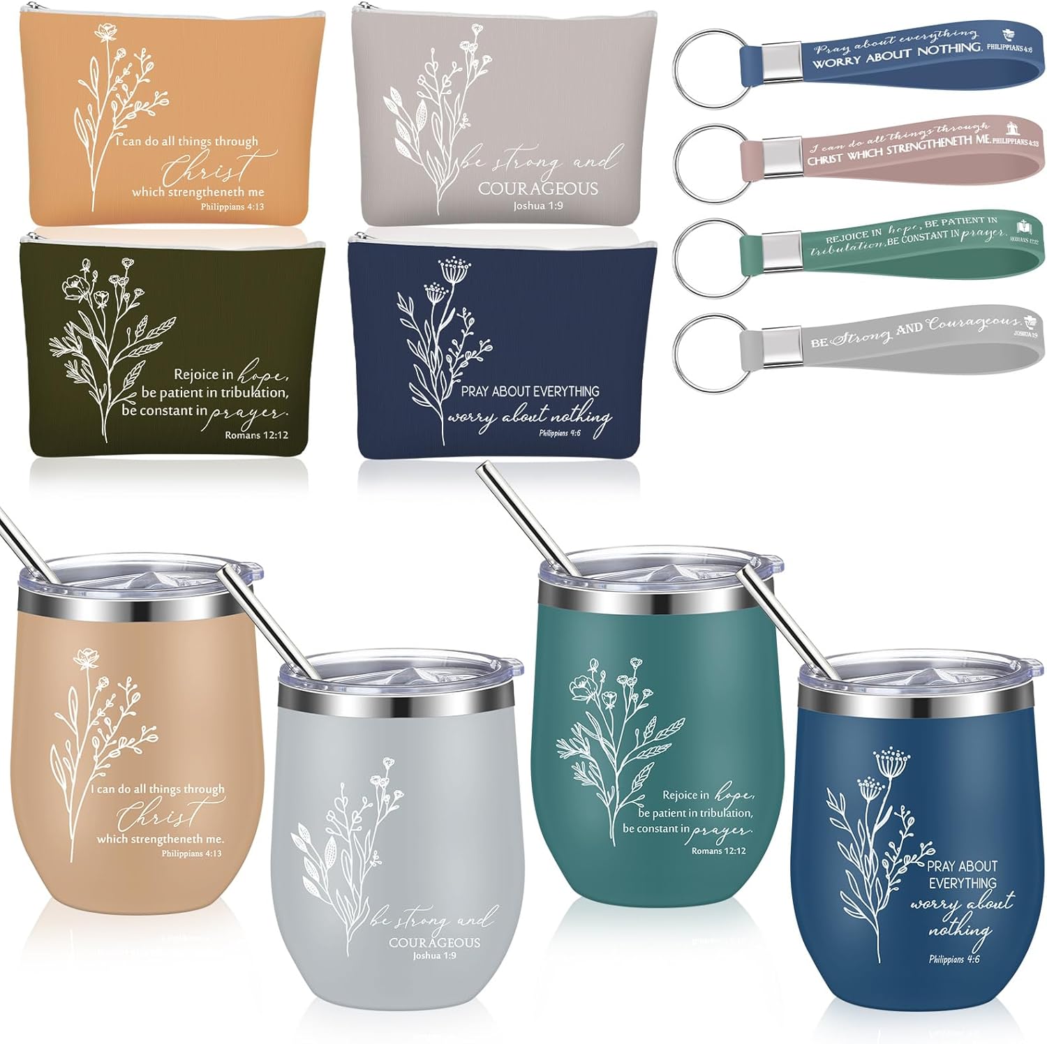 Fumete 4 Sets Mother's Day Christian Gifts for Women 20oz Bible Verse Tumbler Religious Makeup Cosmetic Bags Christian Silicone Keychains Inspirational Gifts for Church Members Church Holy Week