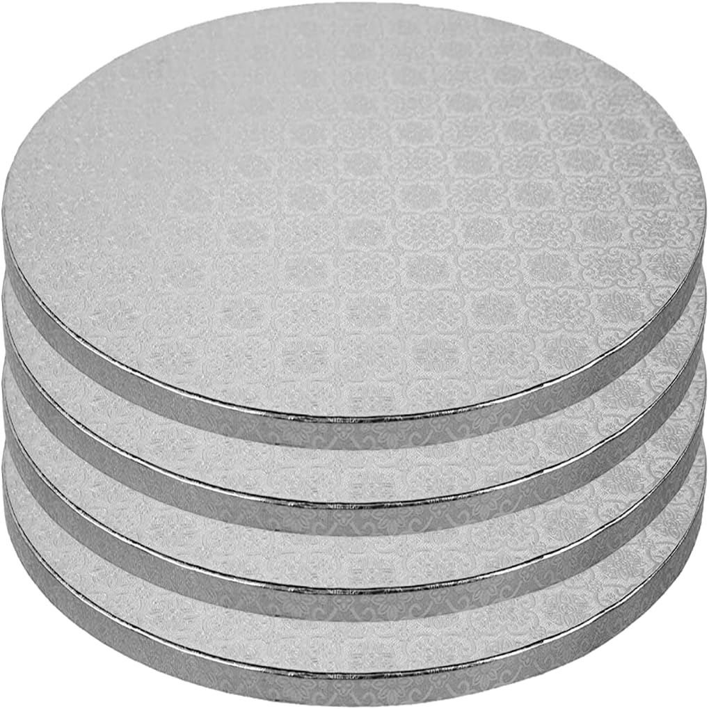 Cake Boards (4 Pack, 12 inch, Silver), Reusable Round Cake Drums for Showstopping Desserts, Heavy-Duty Disposable Cardboard Cake Bases W/Elegant Patterns, Cake Decorating Supplies by PixiPy