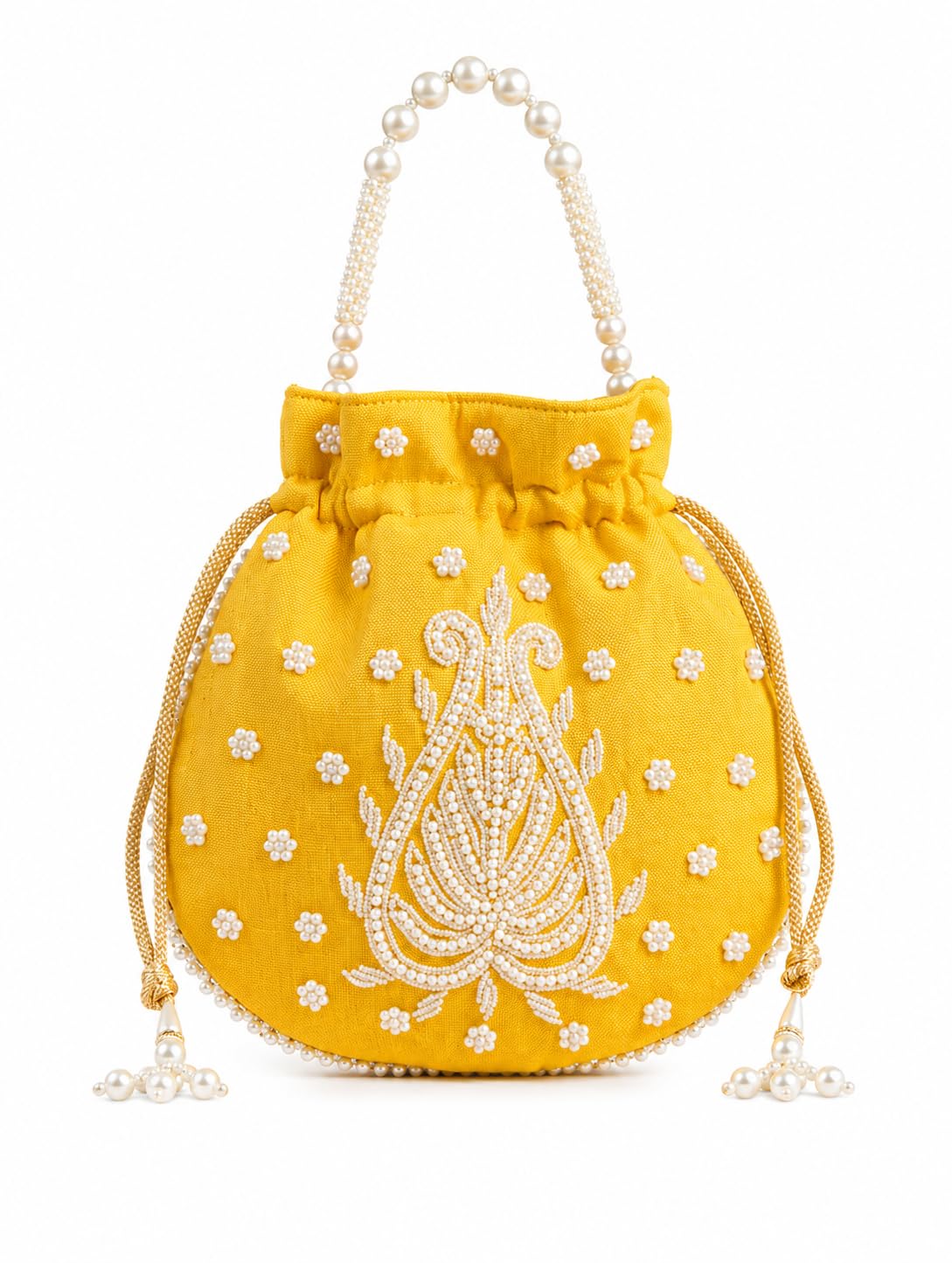 Yellow Potli Bag with Pearl Handle, Beaded Embroidery, Drawstring Closure, Ethnic Style-image-17