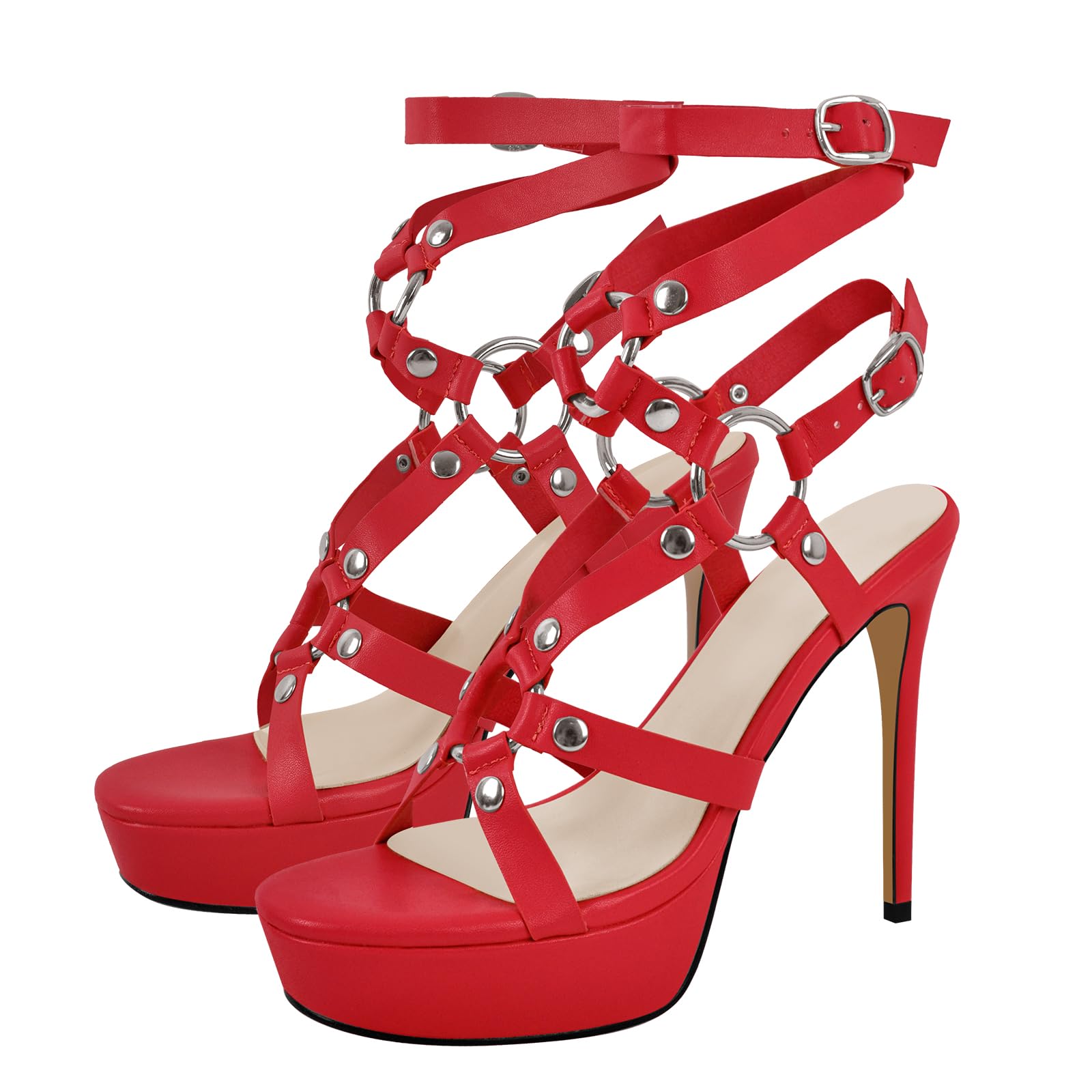 VERISSON Women's Grommets Stiletto Sandals Platform Open-back High Heels Cross Bands Open Toe Buckle-up Ankle Sandals Party Dressing: 7 Red