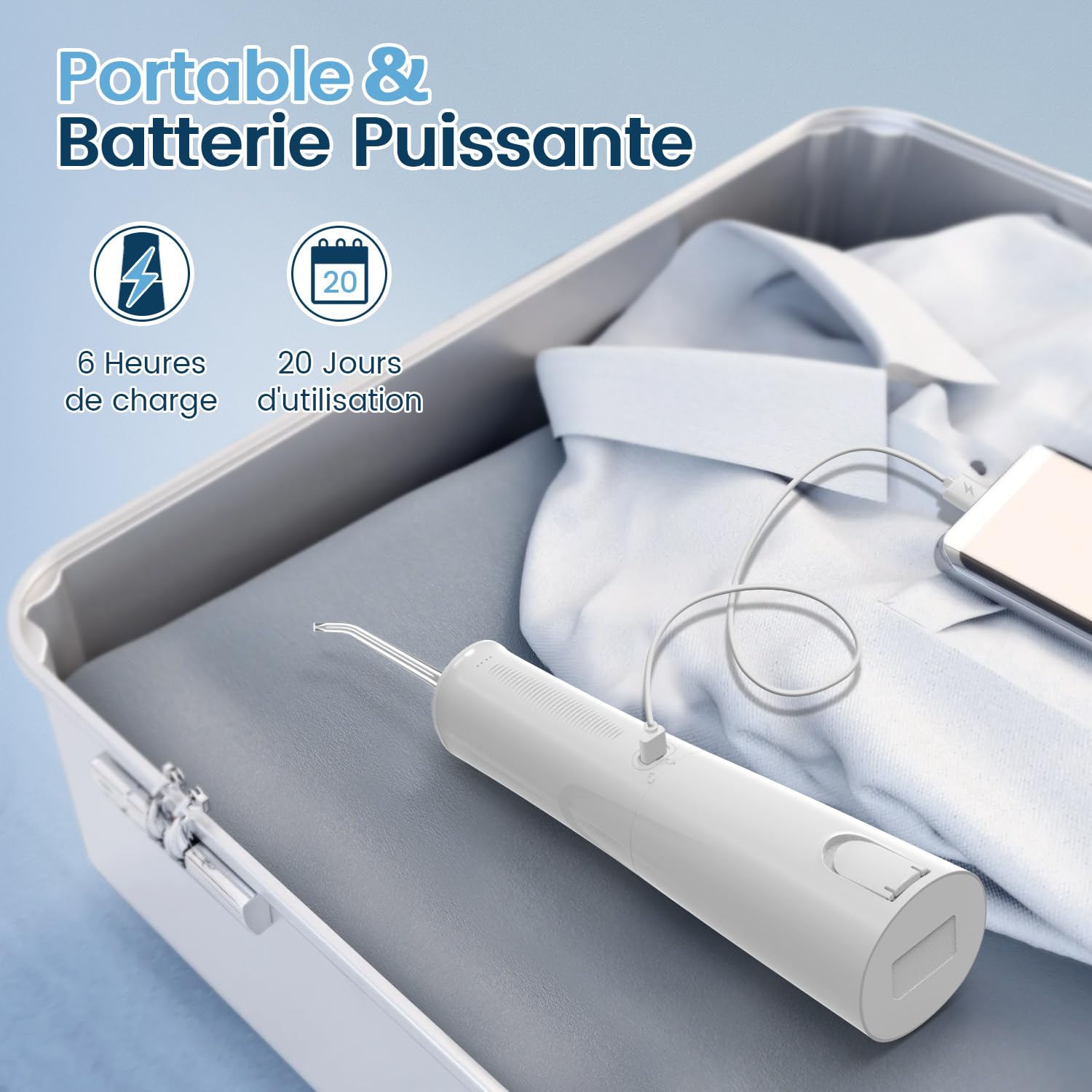 VIMMK Jet Dentaire Hydropulseur et Irrigateurs Oral avec 5 Modes de Pression d'eau et 8 Embouts Remplaçables, Rechargeable et Étanche IPX7, Réservoir 300ML (Blanc)