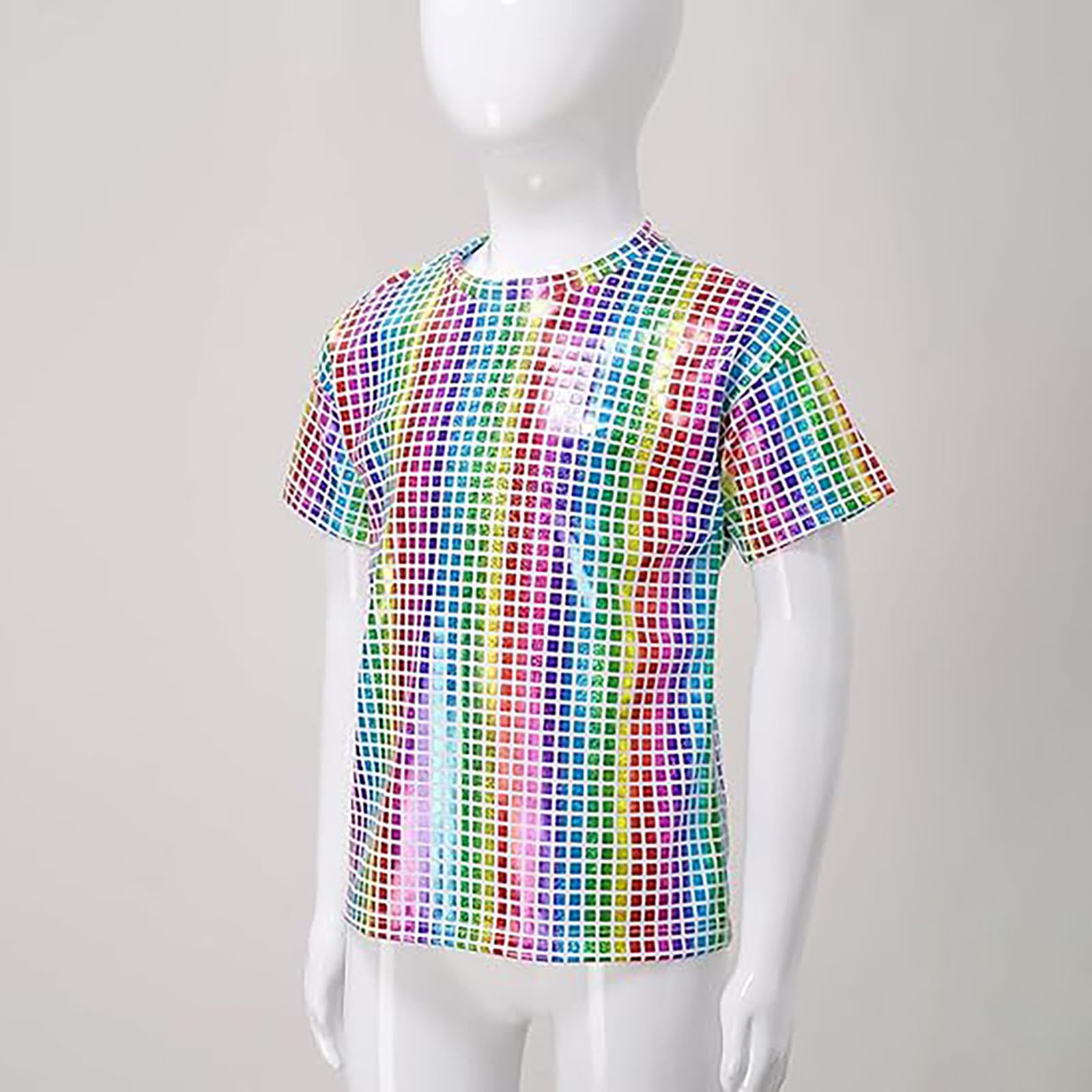 Maglietta a maniche corte per bambini, ragazzi e ragazze, con paillettes scintillanti, scollo rotondo, maglietta a maniche corte, abbigliamento da ballo per carnevale, spettacoli teatrali