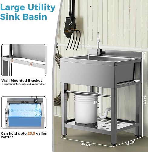 Miniatura 29 de Fregadero utilitario de pie individual fregadero de cocina con tubo de agua fría y caliente, fregadero de acero inoxidable para lavandería, baño