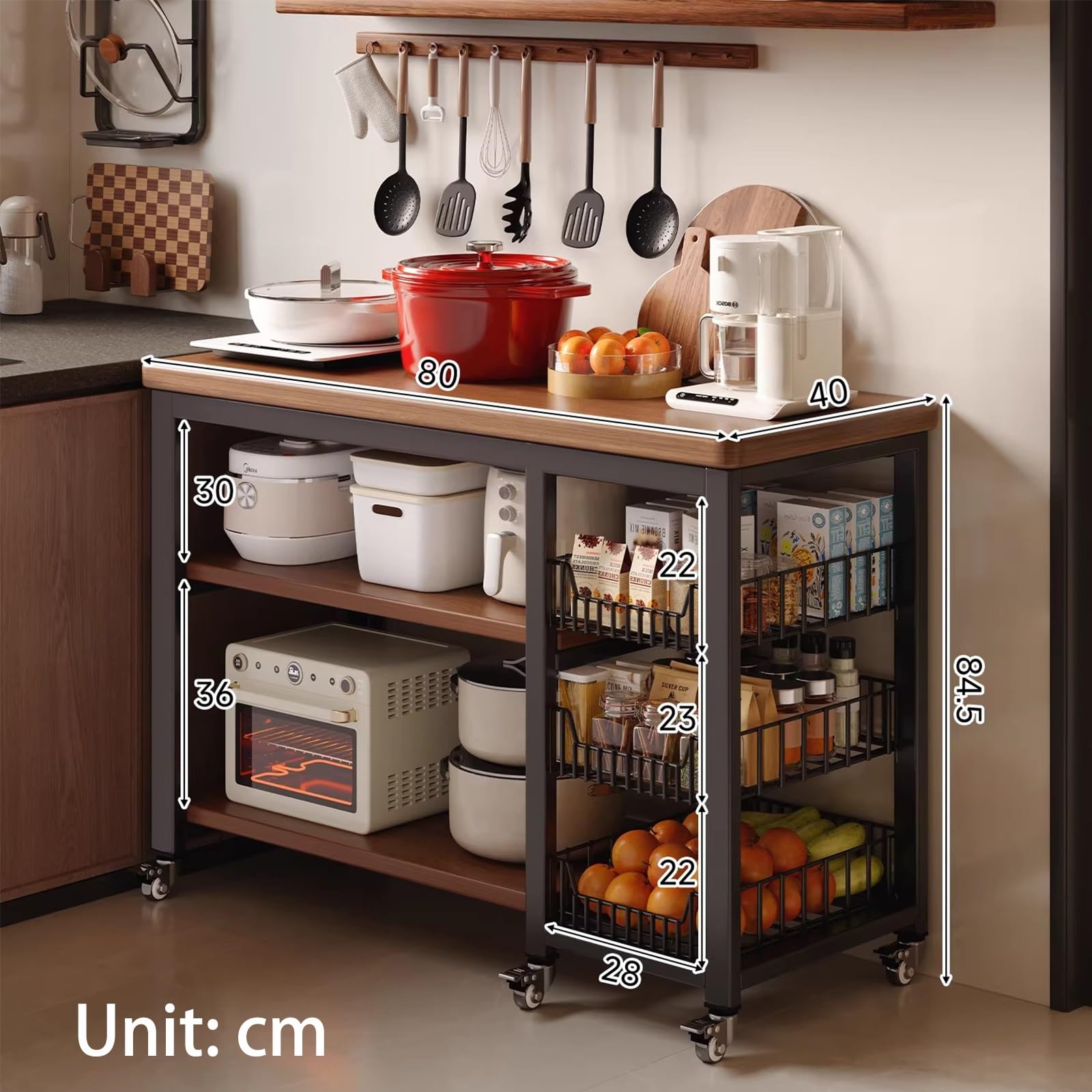 Rolling Kitchen Island Koszyk z drewnianym blatem, metalowy, druciany, mały wózek Sto do jadalni, gotowania i przygotowywania jedzenia, futra kuchennego