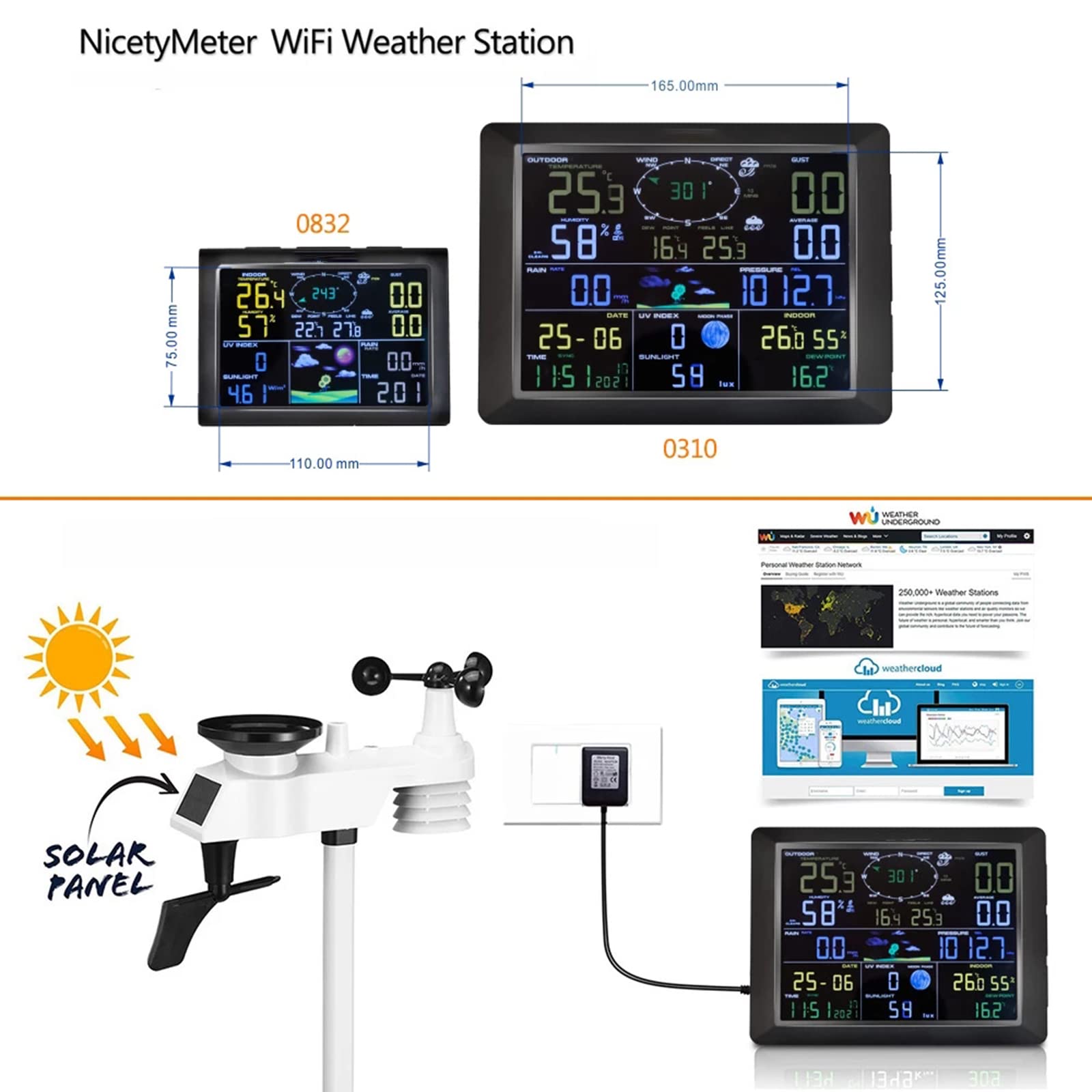 Estación meteorológica WiFi 7 en 1 con Internet inalámbrico y Sensor para exteriores, termómetro para interiores y exteriores, humedad, pluviómetro, anemómetro, registros de Valore