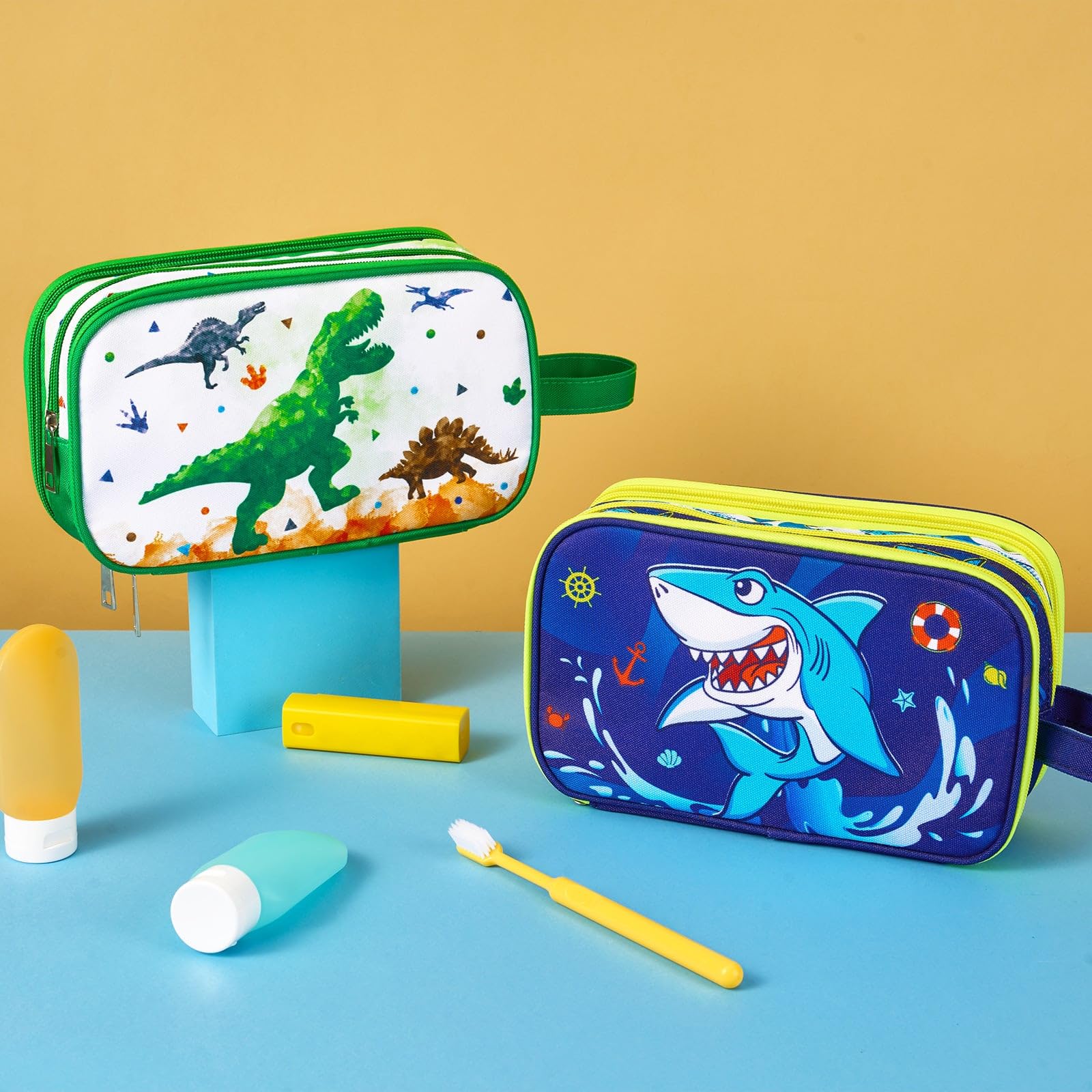 WAWSAM Trousse de Toilette Enfant - Dinosaure Sac de Toilettes Trousses de Toilette Bebe pour Voyage Déplacement Camping Résistant à l'eau Portable Trousse Toilette Voyage pour Cadeau