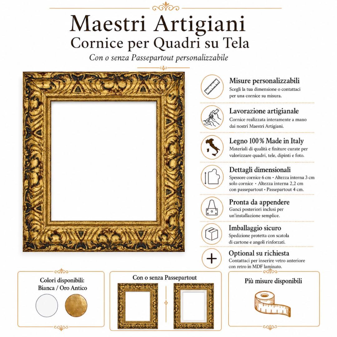 Maestri Artigiani - Cornice per Quadri su Tela con o senza Passepartout Personalizzabile Bianca Oro Antico (Oro Antico, 50 x 70 cm)
