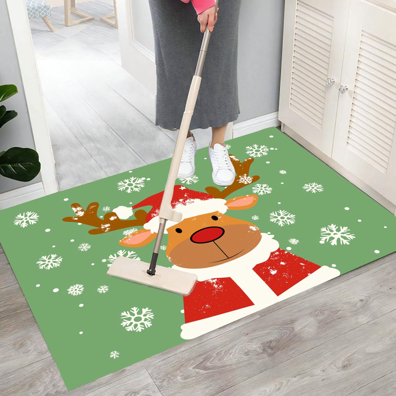 Felpudo Alfombra de Entrada Lavable, Dibujos Animados Interior Renos Copos De Nieve Pequeña Alfombra Antideslizante Suave Superfina para Cocina Baño Dormitorio 80x120cm, Verde