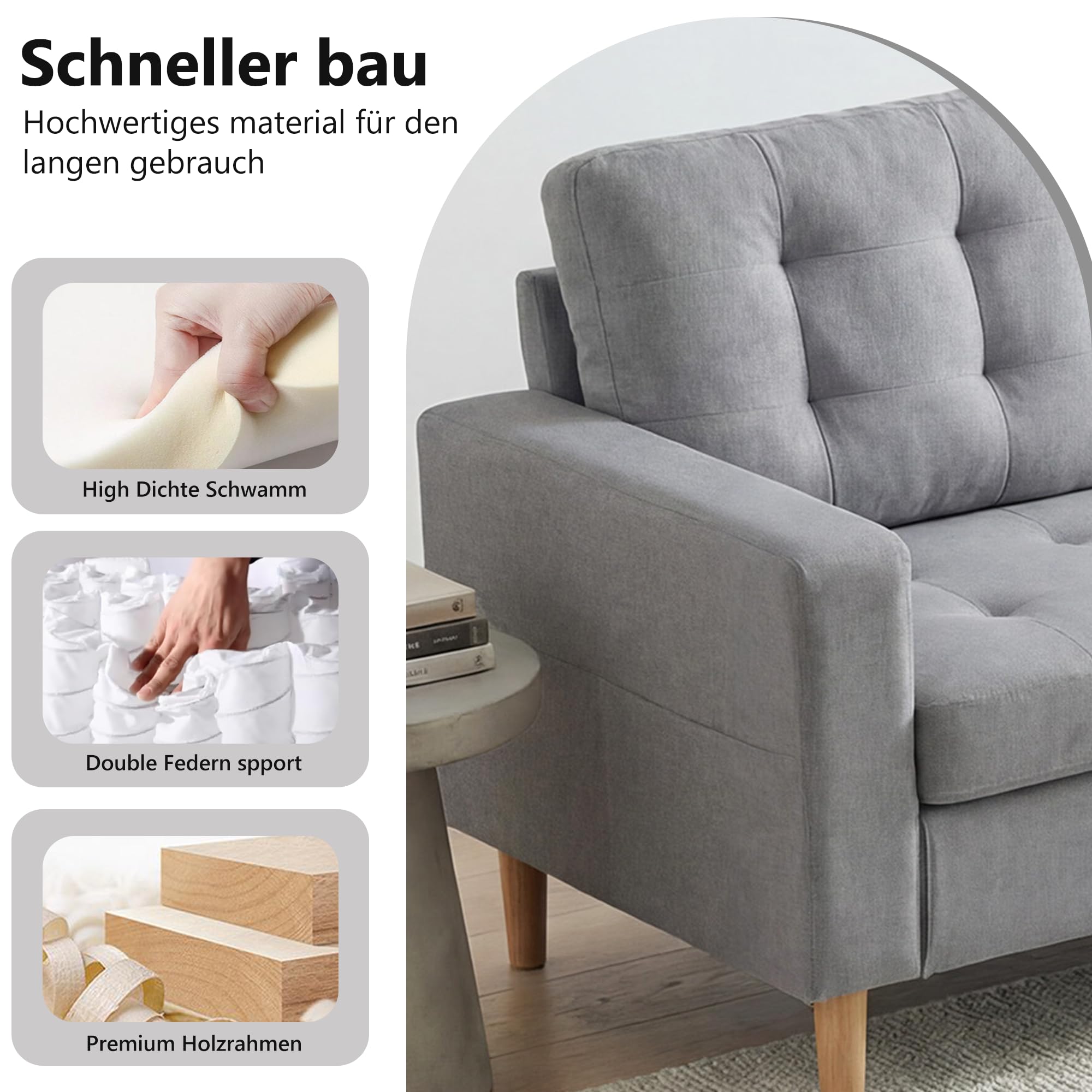 ROCSUMOO Sofa 3 Sitzer, 238cm 3 Seat Sofa, 3er Couch (Hellgrau)