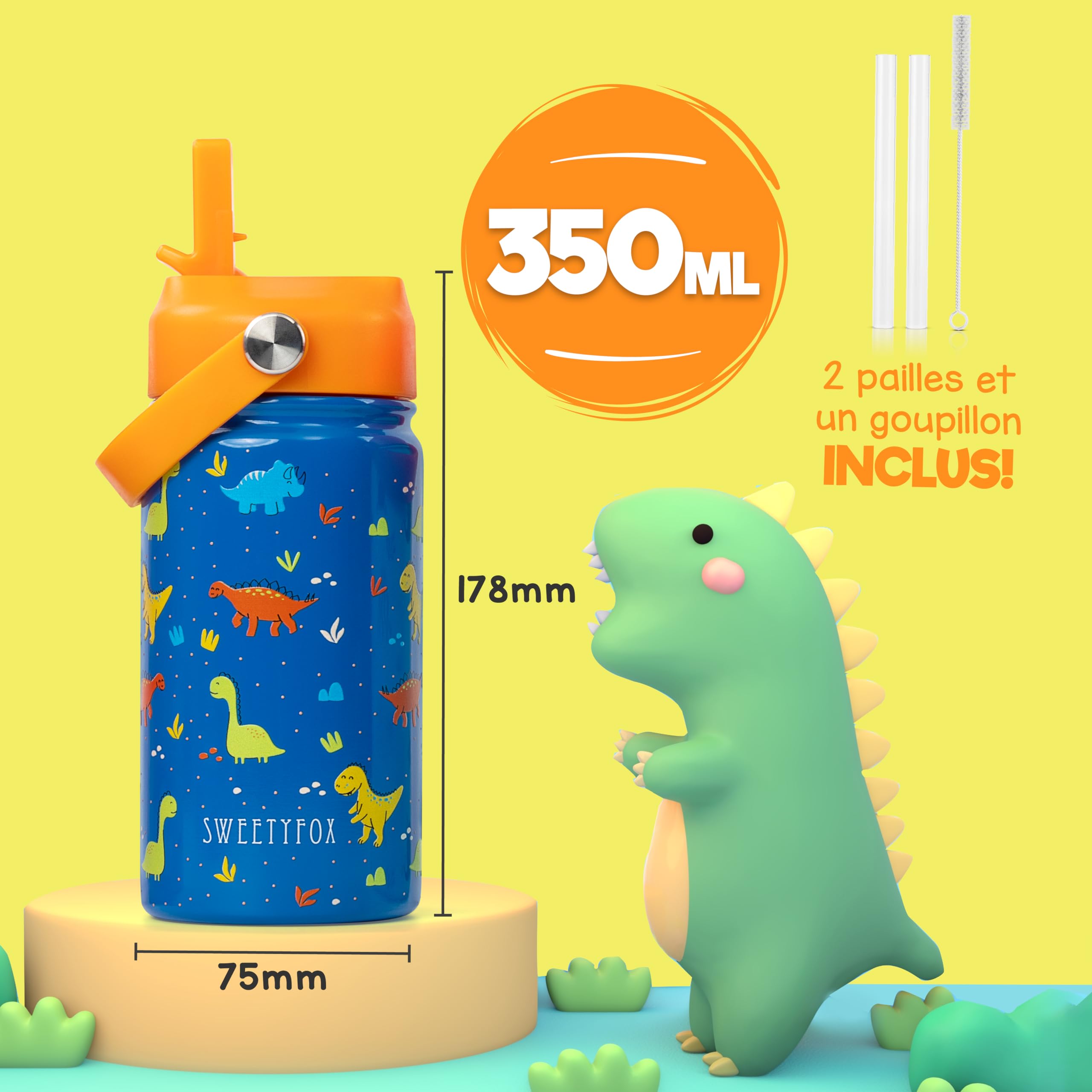 Sweety Fox - Gourde Isotherme Enfant Dino avec Pailles et Goupillon - Gourde Enfant INOX sans BPA pour Enfants de 3 Ans et Plus