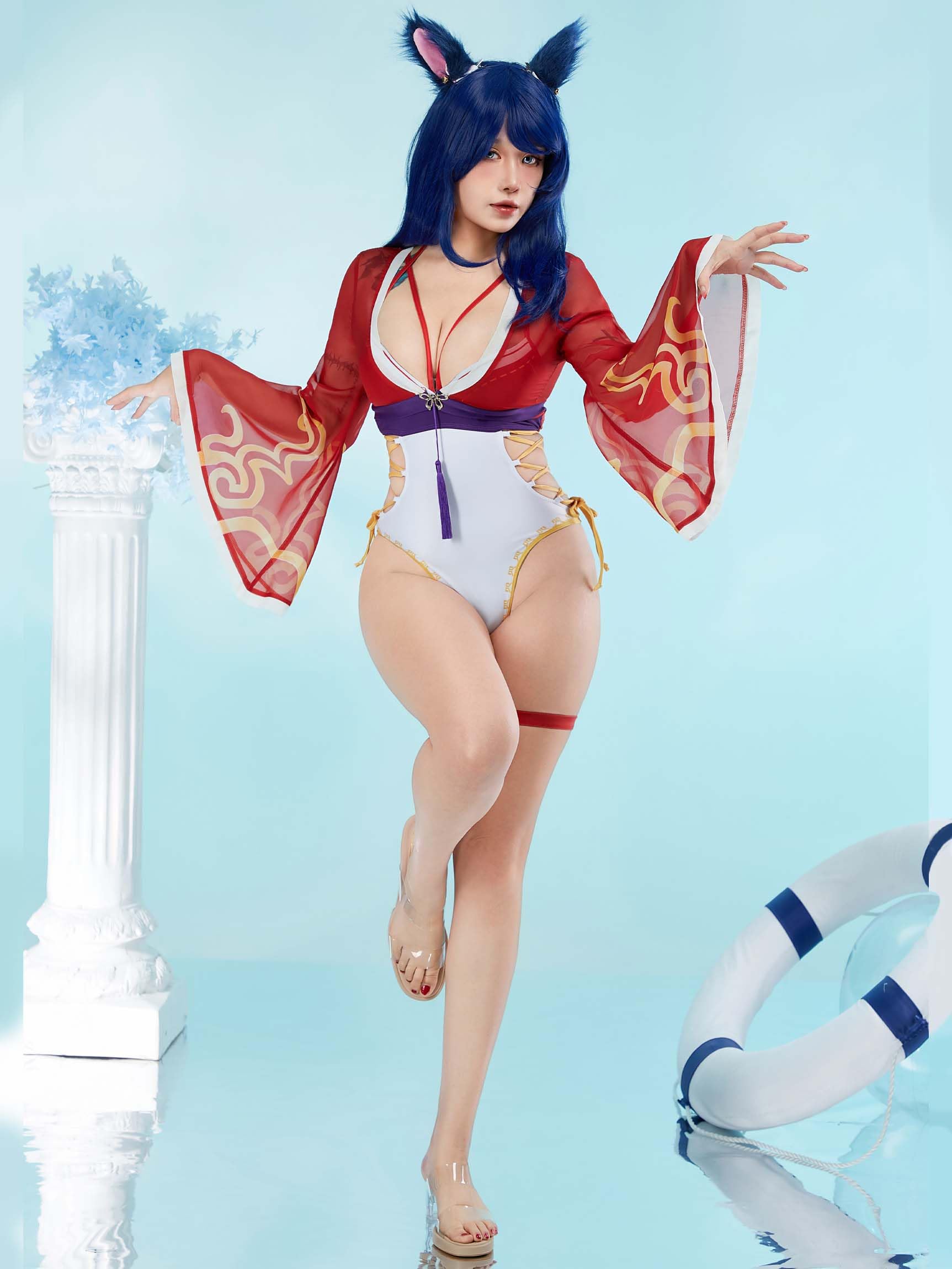 haikyuu Costume intero da donna con spalline incrociate, costume da bagno per cosplay, con copertura in chiffon e orecchie, Rosso, Small