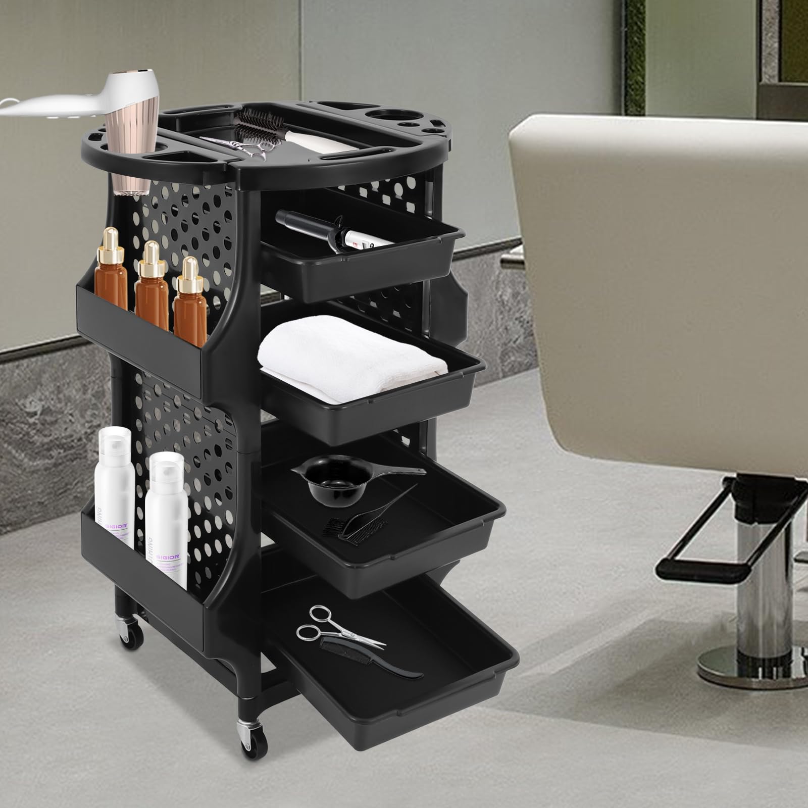 Hairdressing walizka na kółkach 5 poziomów organizer szafka pomocnicza wózek fryzjerski z półką boczną