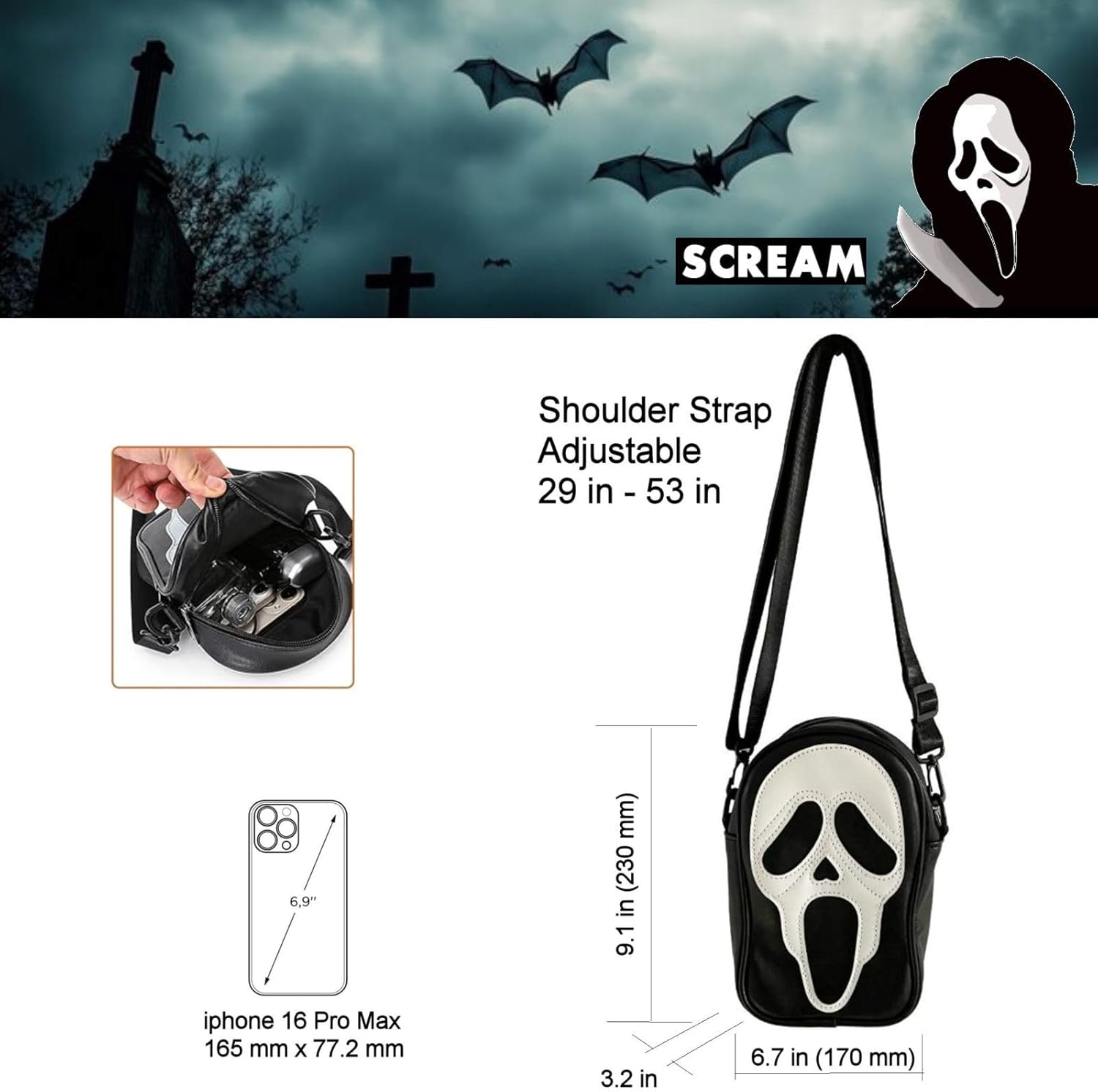 Tapp Collections Scream Ghost Face PU Crossbody Goth Sling Bag for Men And Women - Image 3