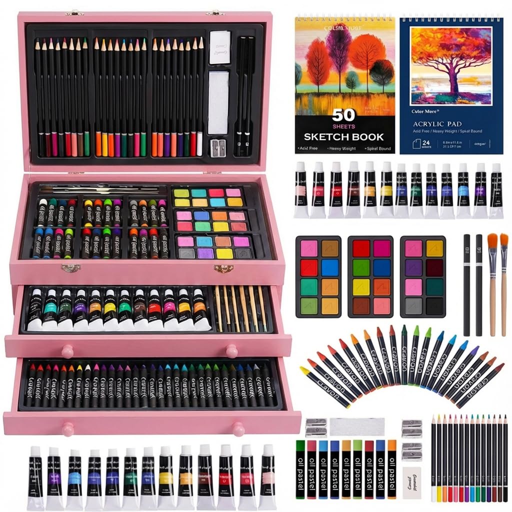 175 Piece Deluxe Art Set with 2 Drawing Pads, Acrylic Paints, Crayons, Colored Pencils, Paint Set in Wooden Case, Professional Art Kit, Art Supplies for Adults, Teens and Artist, Paint Supplies