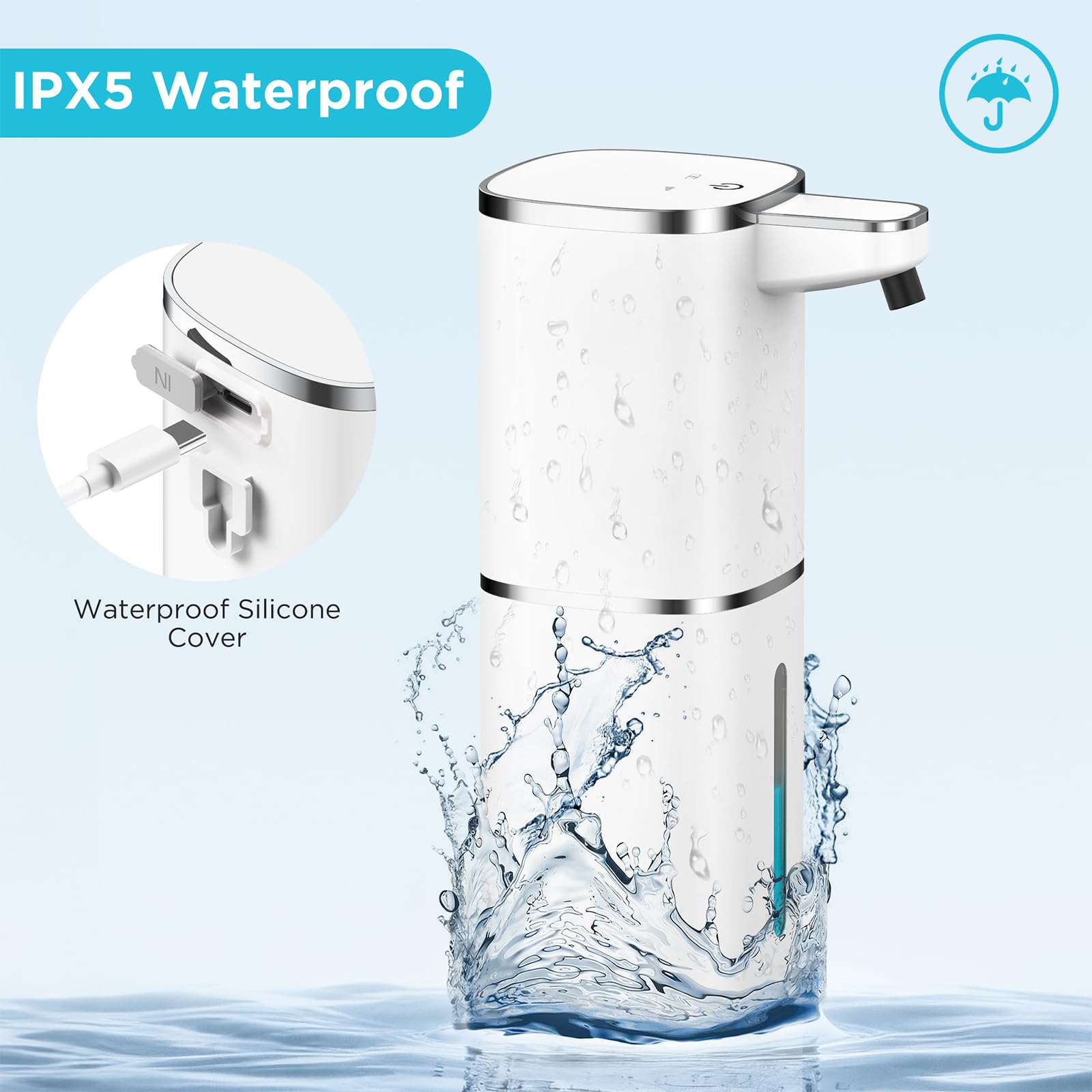 Dispenser Sapone Automatico,400ml Dispenser Sapone Bagno a Muro Con Sensore Infrarossi,USB Ricaricabile,Impermeabile IPX5 Soap Dispenser Per Cucina Bagno