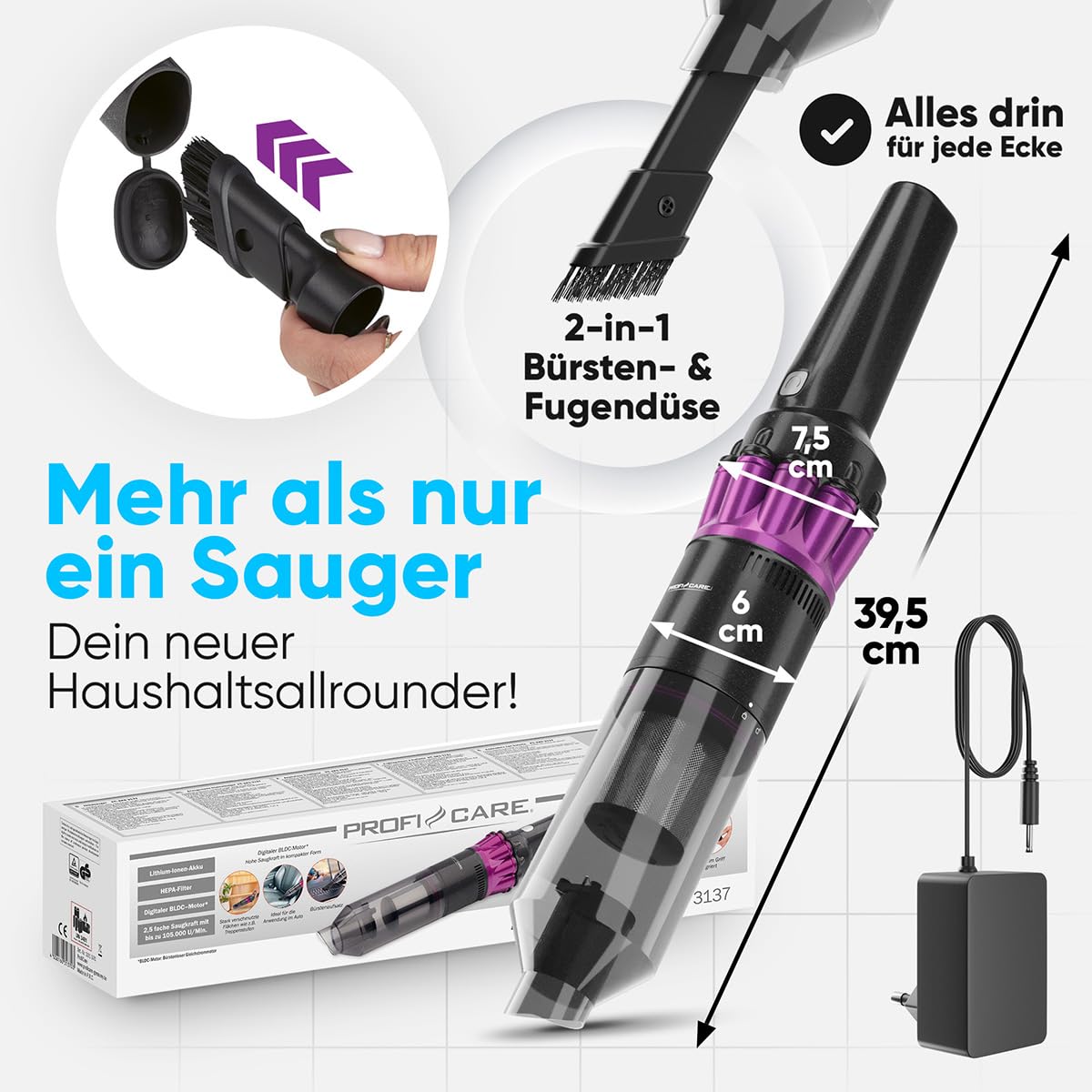 ProfiCare Aspiradora de mano con batería, potente motor BLDC, batería de 2200 mAh, ligera y manejable, sin bolsa, silenciosa, coche fuerte, aspiradora de mano inalámbrica | PC AKS 3137