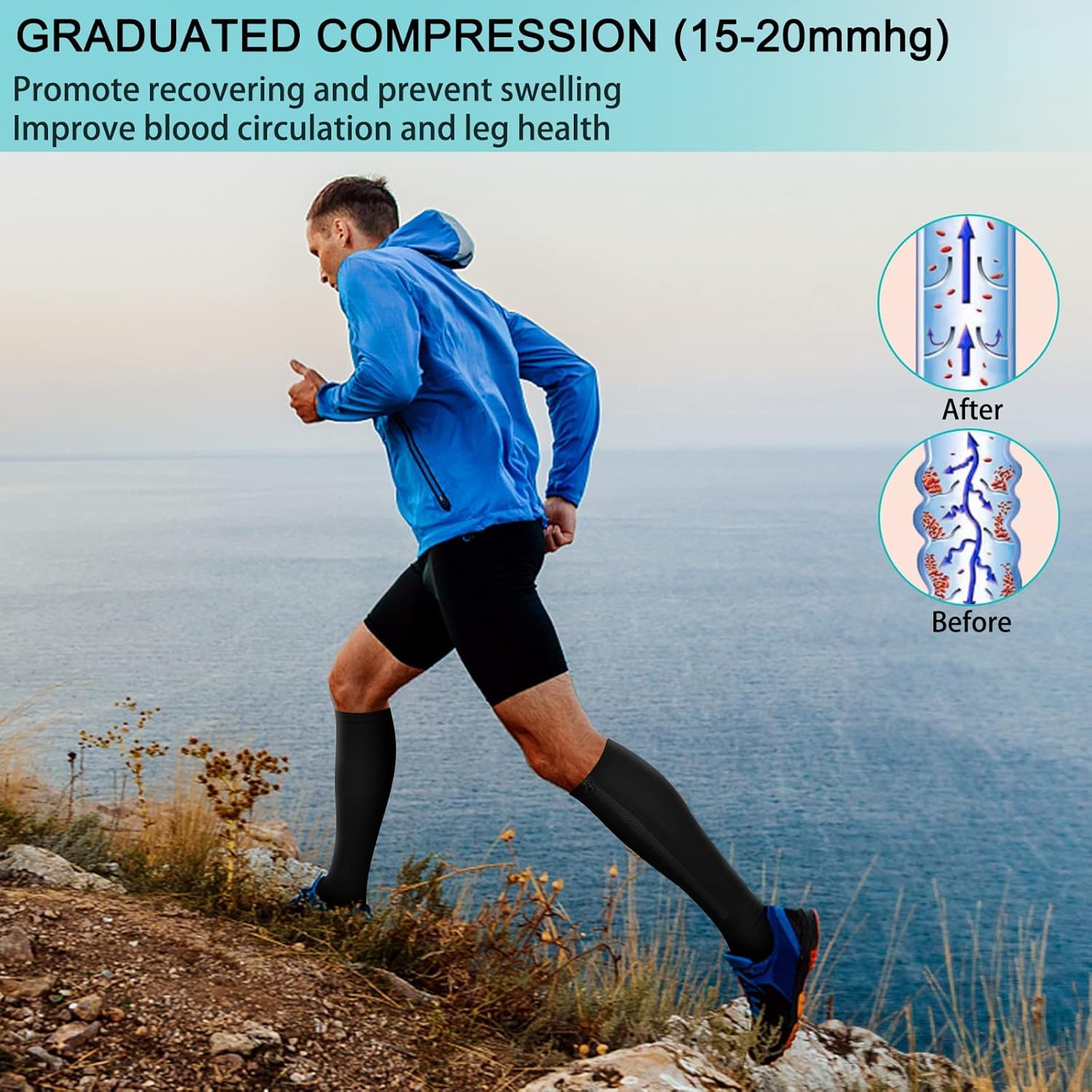 2 pares de calcetines de compresión con cremallera, 15-20 mmHg, calcetines de compresión de punta cerrada con cremallera para mujeres y hombres