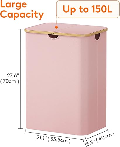 Miniatura 236 de Lifewit Cesta grande de 100 litros con tapa para ropa con asas de bambú y bolsa extraíble, plegable para dormitorio, baño, residencia universitaria