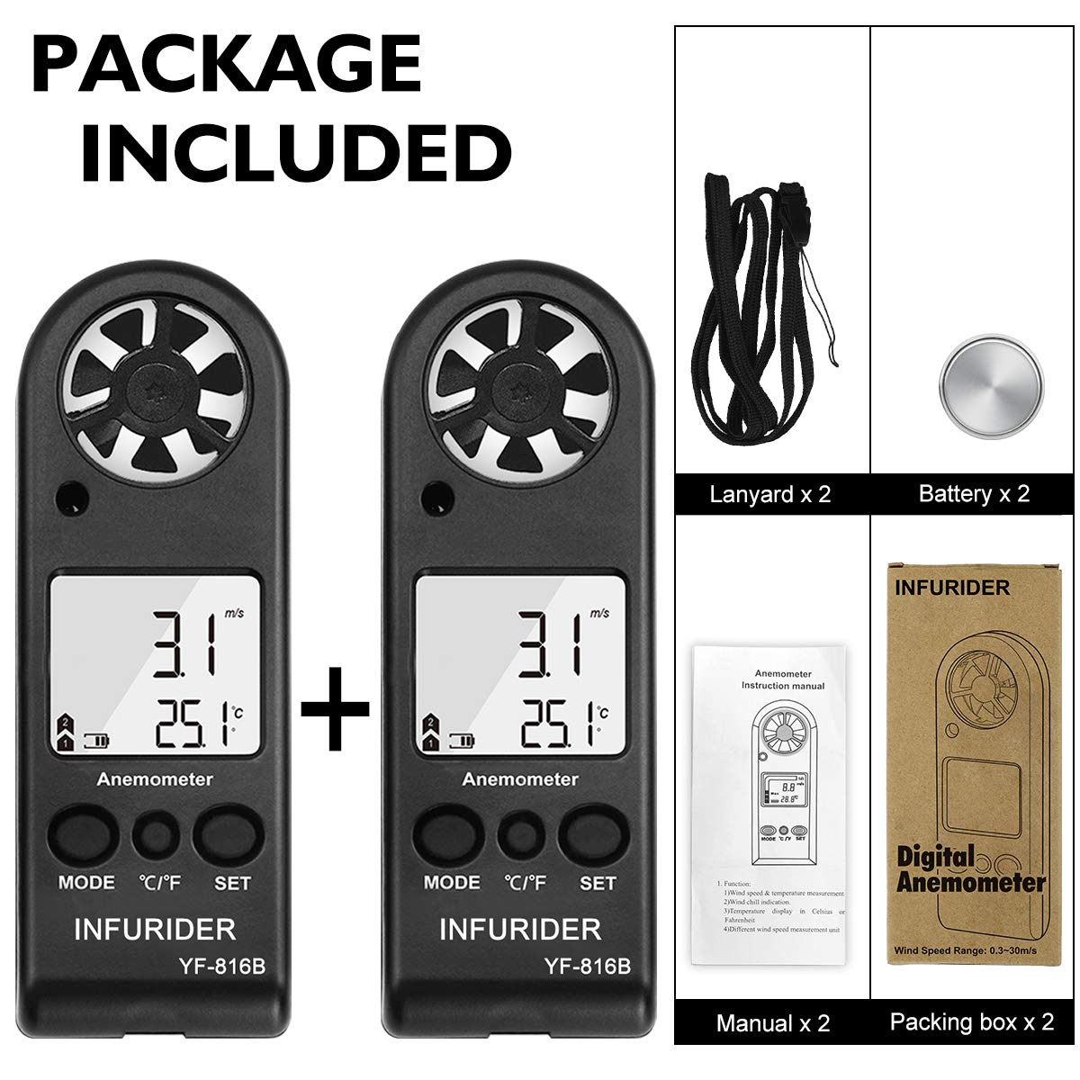 Anémomètre Numérique Portable INFURIDER YF-816B Compteur Anémomètre Vitesse avec Mesurer LCD Rétroéclairé+Température+MAX/AVG pour Vol de Drone, Alpinisme(2 Pack)