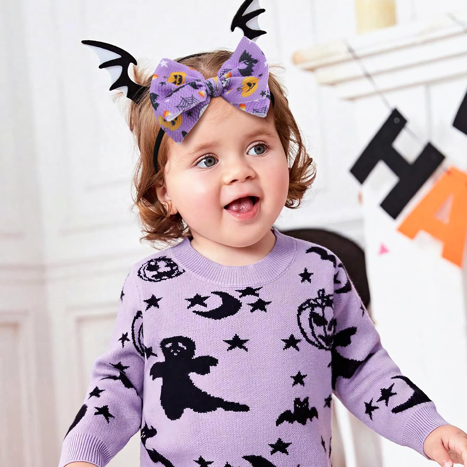 YanJie Halloween Baby Girl Headbands with Bows Pumpkin Headband Black Ghost Printed Baby Bows Orange Newborn Bows Nylon Hair Bows Toddler Headband Purple