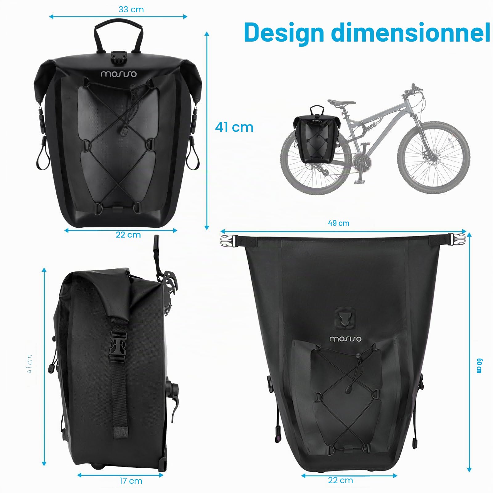 MOSISO Sacoches de Vélo 25 L, 2 Pièces Étanche pour Rack Arrière avec Corde Élastique, Pochette de Rangement pour Bagages de Vélo, Stockage Voyage Randonnée Route Commute, Noir