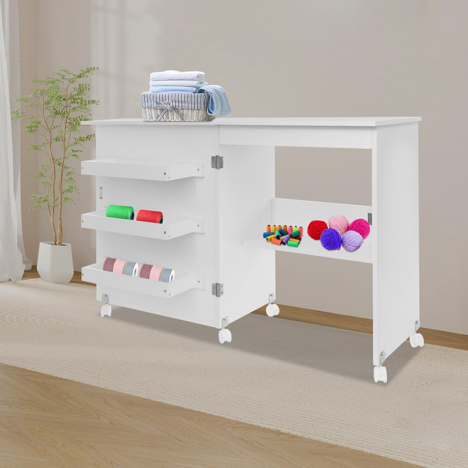 Mesa plegable para máquina de coser 2 en 1, mesa de coser plegable, mesa multiusos con 5 ruedas, para estudios y talleres