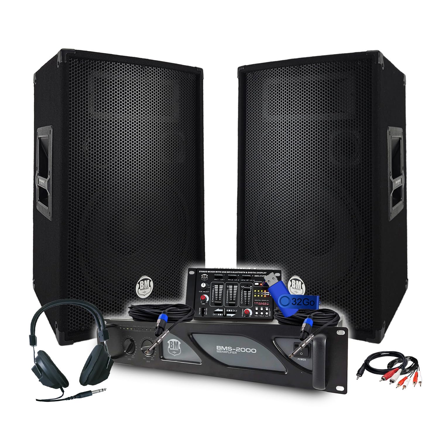 Pack Sono DJ BM Bmsonic Amplificateur 2000W, Paire d'Enceintes 2x600W, Table de Mixage, Casque DJ, Câbles et Micro+Clé 32G