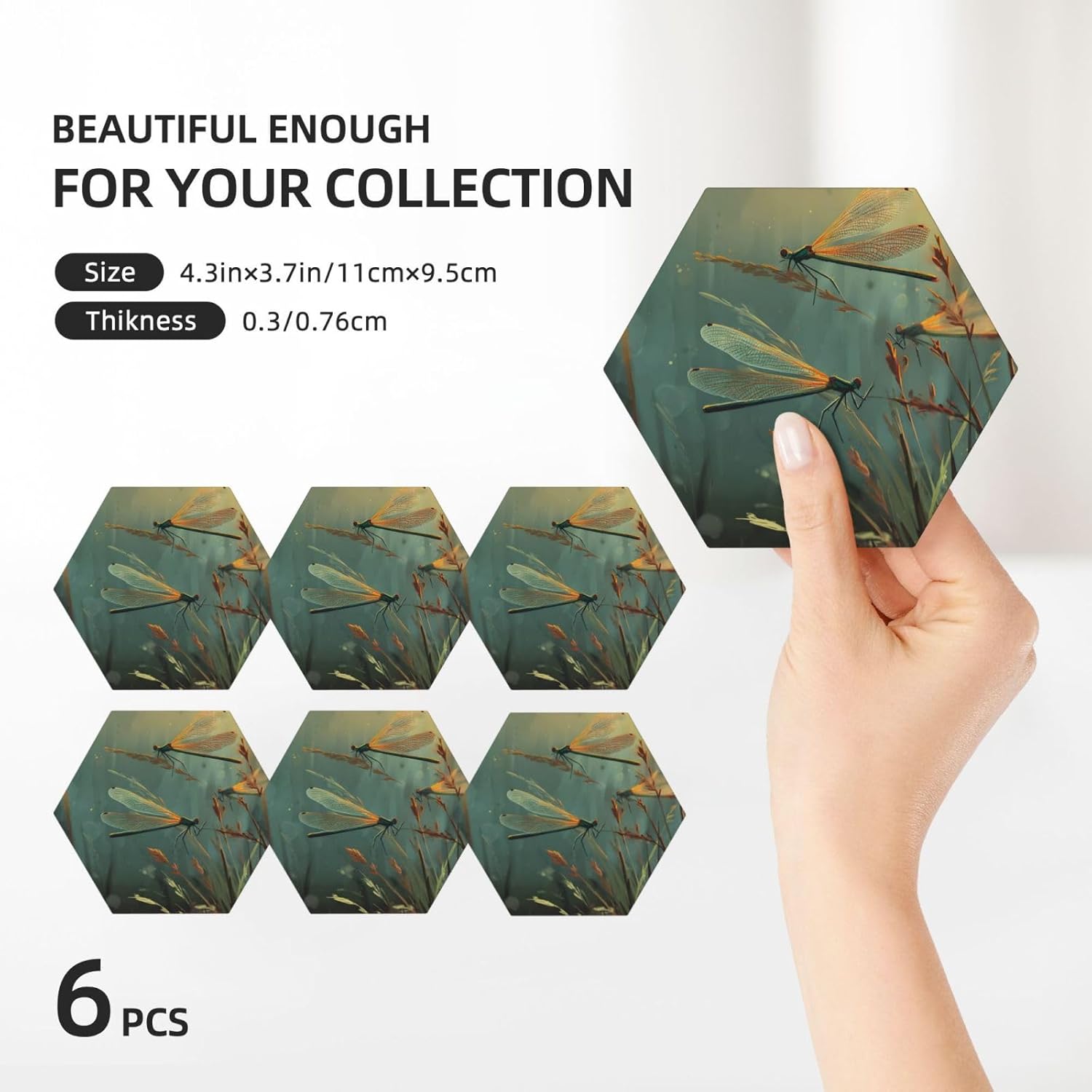 (Dragonflies) Ceramic Coasters Set of 6 with Holder Non-Slip Hexagon Coffee Coasters for for Cup Mug Drink Patio Coffee Table Decor, Christmas Coasters Home Bar Supplies