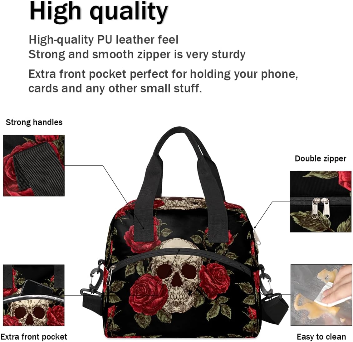 Pardick Insulated Lunch Bag for Women Men, Vintage Rose Skull Reusable Lunch Box,Thermal Cooler Tote Bag Organizer with Adjustable Shoulder Strap,Lunch Container for Work Picnic Hiking Beach,C-010