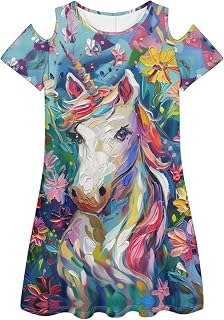 Womens Art Oil Painting Animal Pattern Summer Dresses Beach Casual Loose Tshirt Floral Short Sleeve Sundress