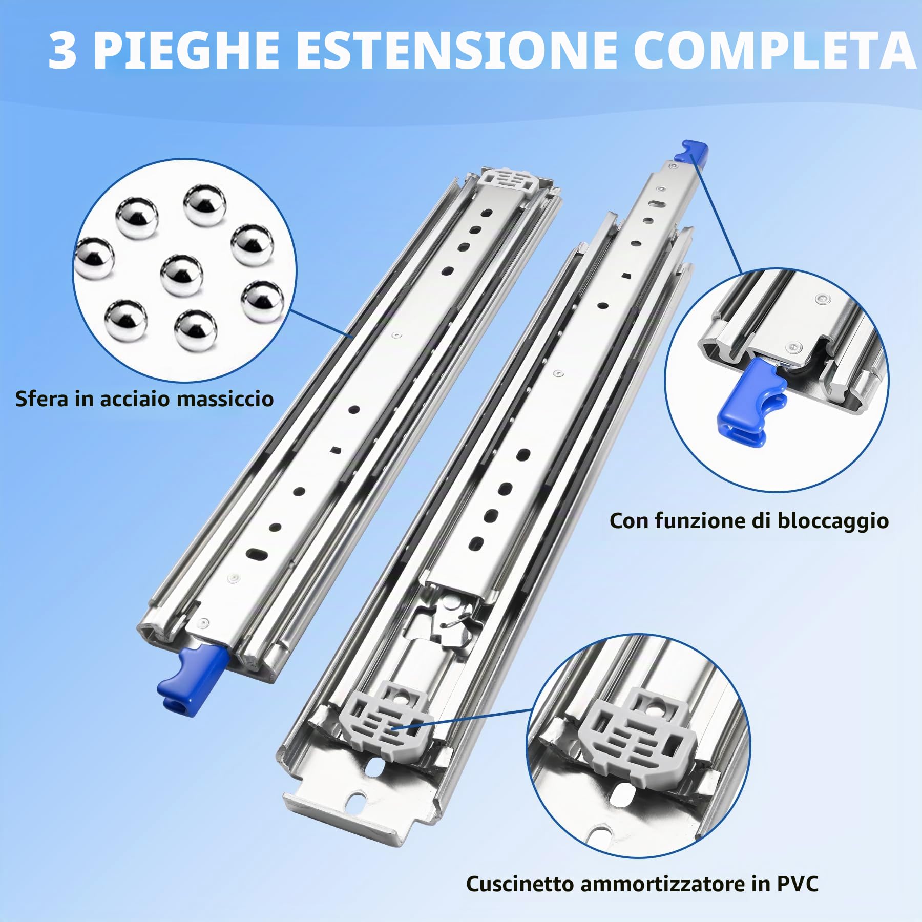 Guide per cassetti con funzione di bloccaggio, 1 paio di estrazioni per cassetti pesanti, larghezza 76 mm, adatte per camper, armadietti