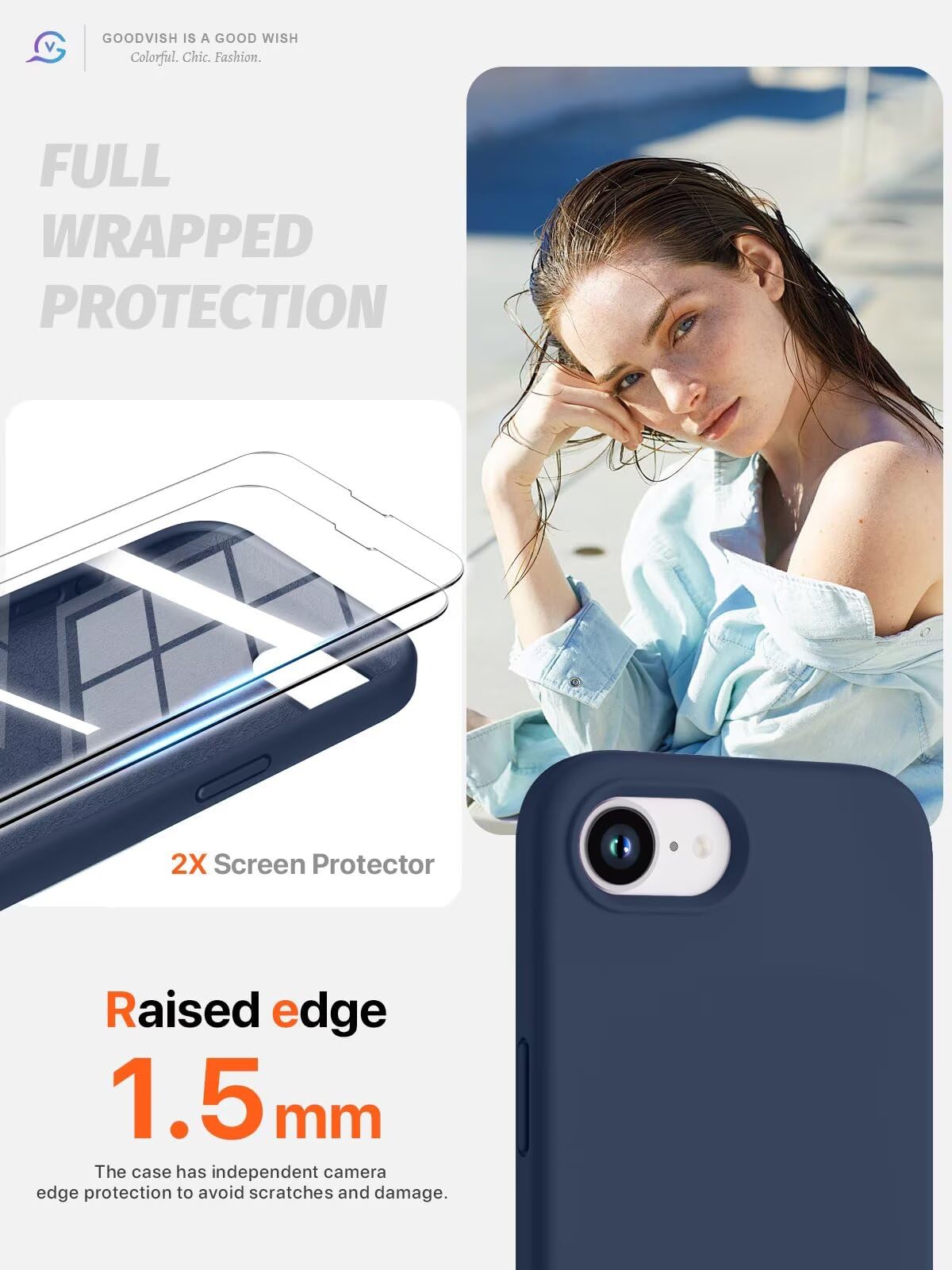 GOODVISH 3 in 1 Silicone Cover per iPhone 16e 6.1", Custodia con 2 Pellicola Vetro Temperato [Protezione Fotocamera] Protezione Anticaduta Case per Cellulare Antiurto Resistente, Blu Navy