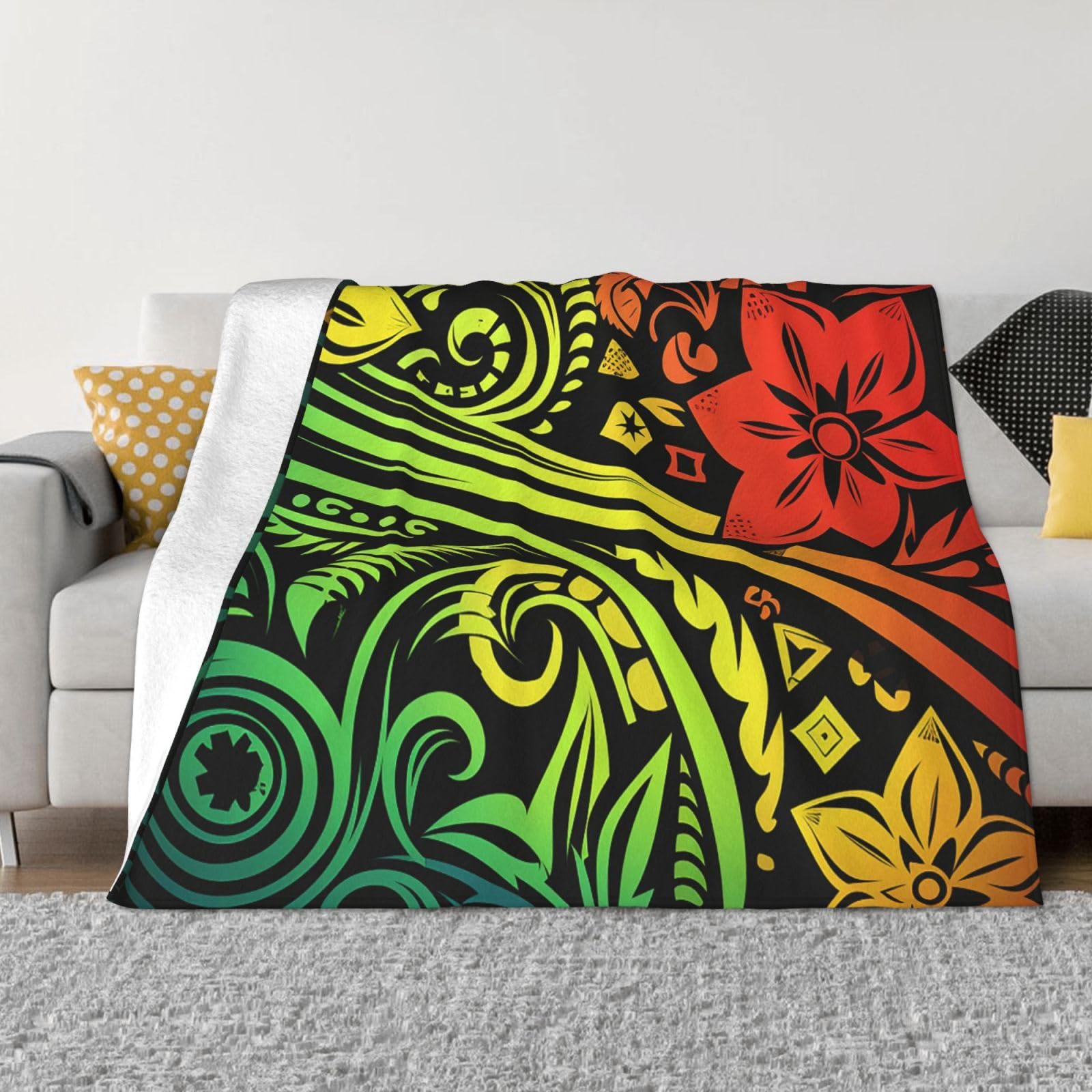 KLOPH Hawaiian Tribal Style Throw Blanket 60"x50" Flannel Fluffy Warm Blanket for Couch, Reversible Plush Blankets for Bed, Comfy Fuzzy Blanket for Sofa, Plush Lightweight-Blankets for All Season