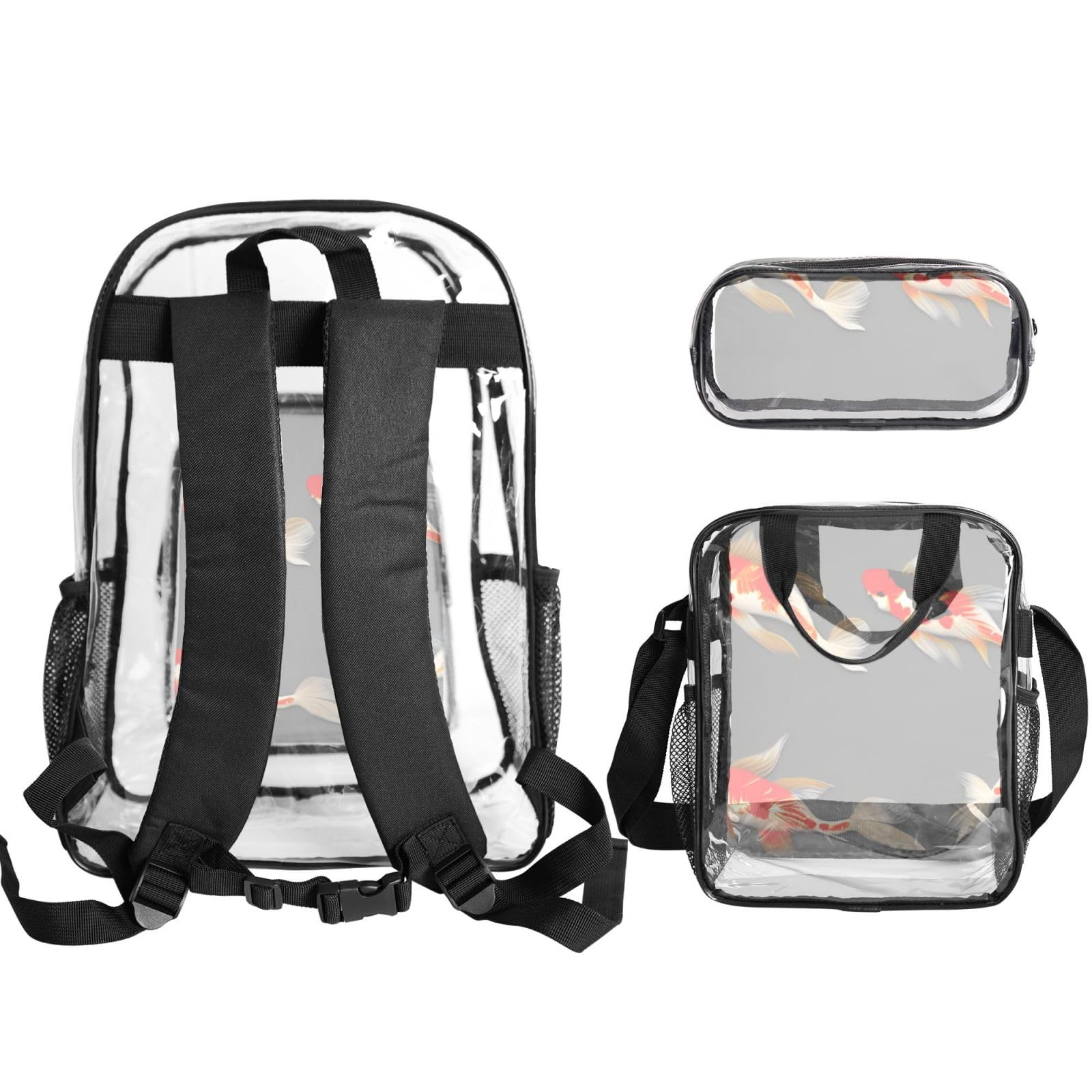 Carpes koï traditionnelles avec imprimé pois Unisexe Sac à dos transparent pour l'école, les voyages, l'extérieur, sac à déjeuner transparent 3 pièces