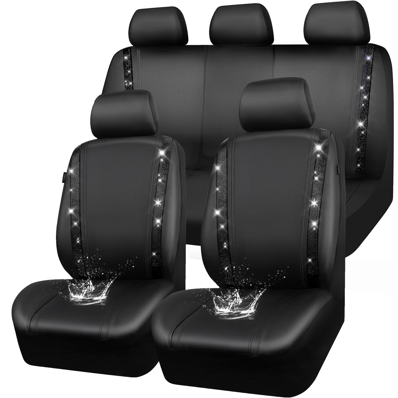 CAR PASS Diamond Leather Bling Car Seat Covers Full Set, Shining Rhinestone Waterproof Durable Rear with Zipper, Universal Fit 95% Automotive Glitter Crystal Sparkle Strip for Cute Women Girly BlackGlobal Recycled StandardGlobal Recycled StandardGlobal Recycled Standard