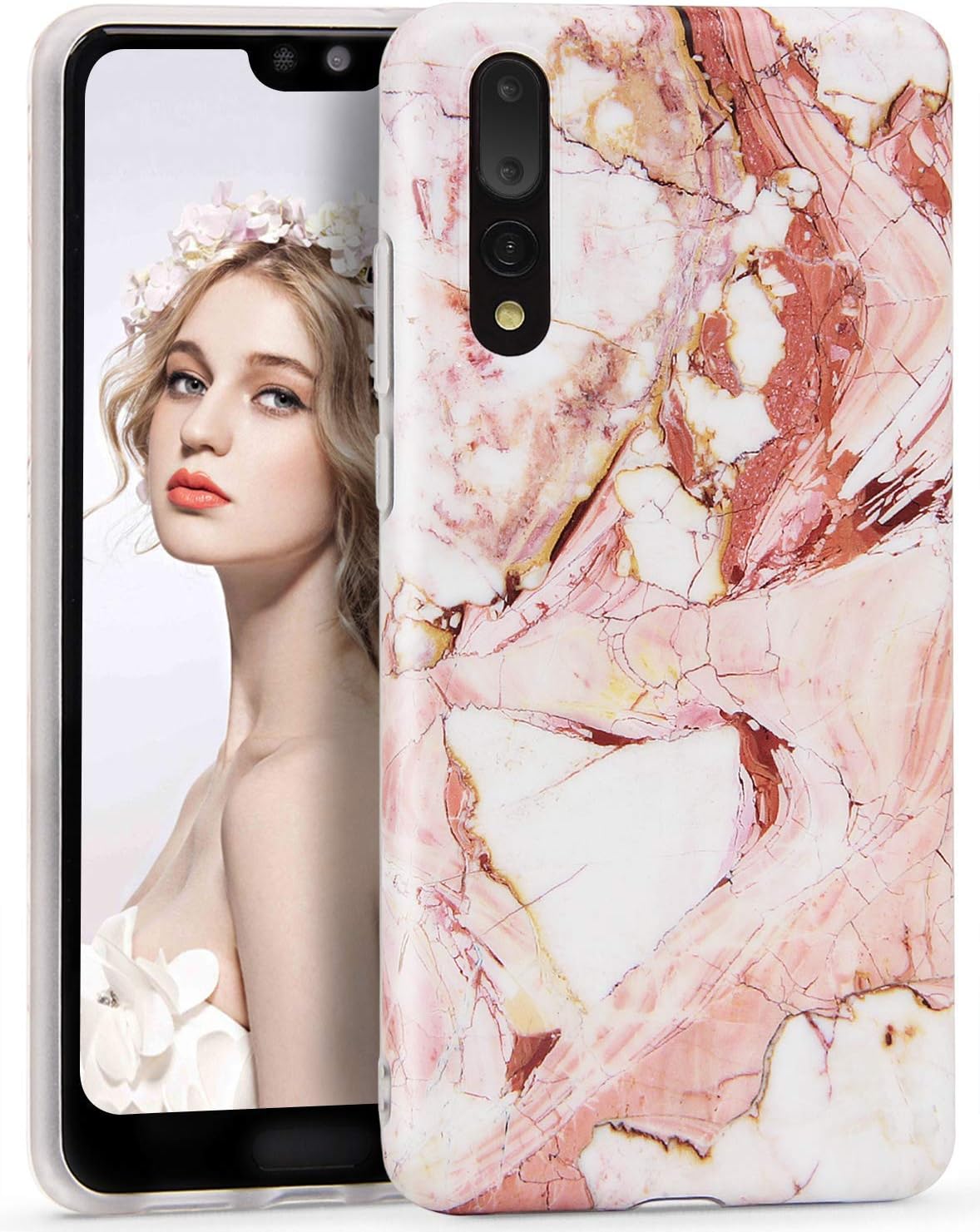 CIUTEK Case for Huawei P20 Pro, P20 Pro Marble Case Slim Anti-Scratch Shockproof Cover Matte Finish Flexible Clear Transparent TPU Bumper Soft Case for Huawei P20 Pro (6.1 inch)(Pink)