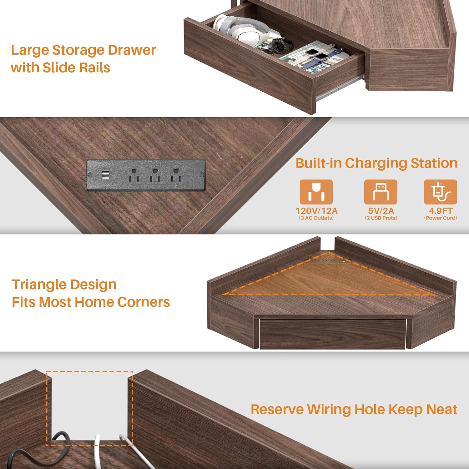 Detailed view of the Armocity Floating Corner Desk's features: large storage drawer, built-in charging station, triangle design, and reserved wiring hole