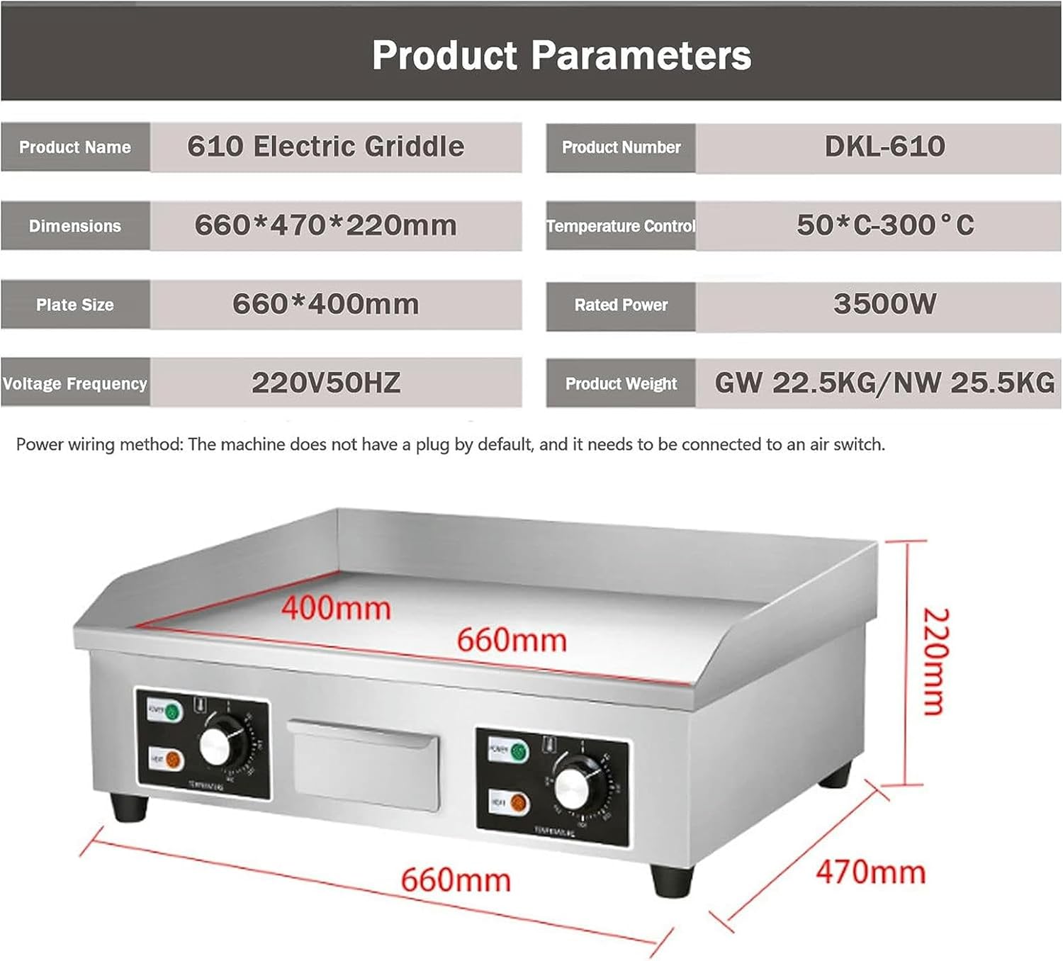 Commercial Electric Griddle, Kitchen BBQ Grill, Stainless Steel Electric Griddle, Nonstick Countertop Hot Plate Commercial BBQ Grill, Two Burners with Thermostatic Control, 110~240V