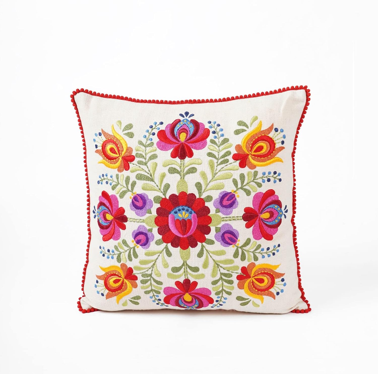 Matyo Embroidered Square Cotton Pillow Cover with Red Micro Pompom Lace, Size 18x18 inch