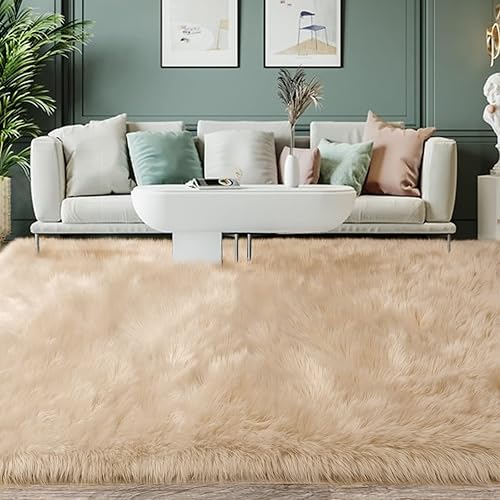 Miniatura 7 de SERISSA Alfombra de piel sintética, 5 x 8 pies, beige, alfombra lanuda de lujo para sala de estar, dormitorio, decoración de guardería