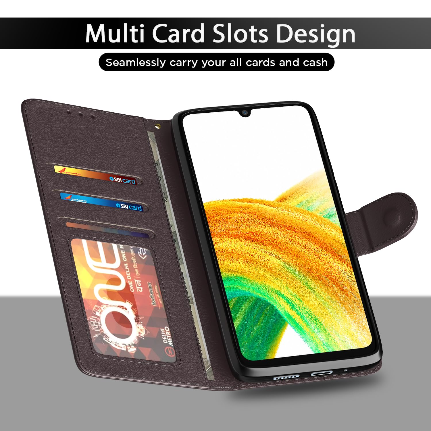 Pikkme Samsung Galaxy A33 5G Flip Case Leather Finish | Inside TPU with Card Pockets | Wallet Stand and Shock Proof | Magnetic Closing | Complete Protection Flip Cover (Coffee) 3