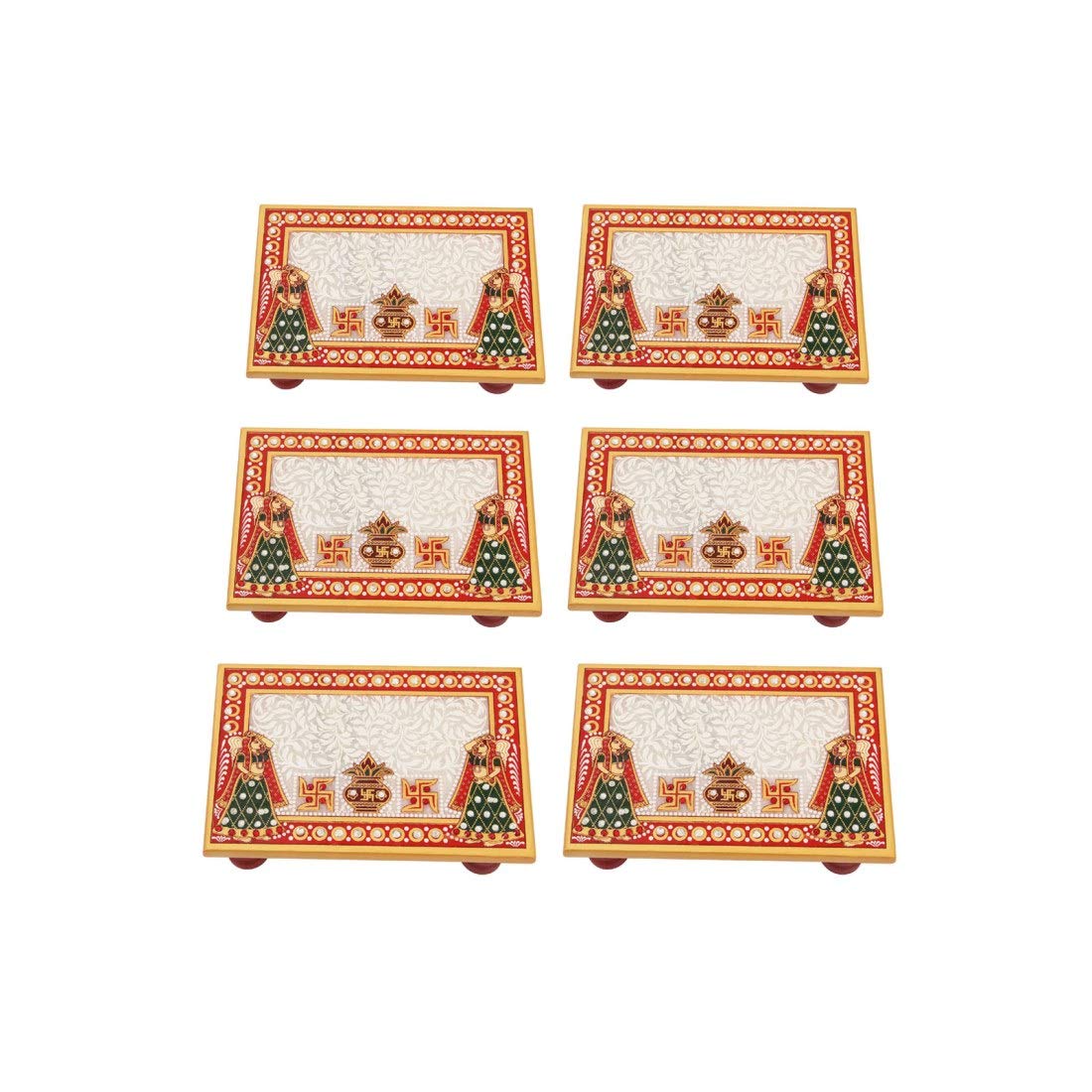 Handicrafts Paradise Marble Puja Chowki Set of 6 pc Rectangle Shape with Kalash Design