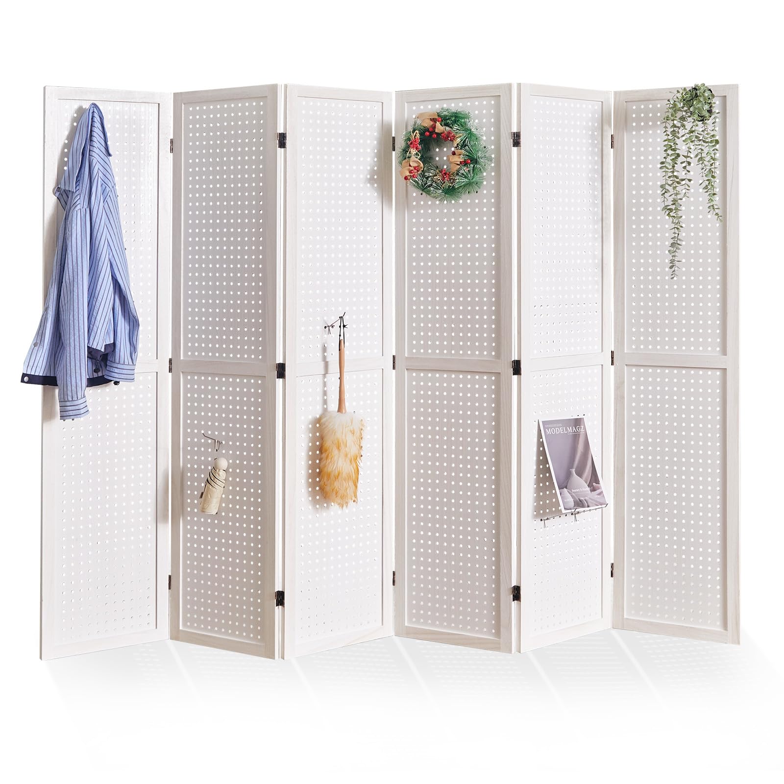 Pegboard Display, 5.6Ft Wooden Room Divider Folding Privacy Screens Portable Freestanding Wall Organizer for Retail Craft Art Display Board (6panels, White)