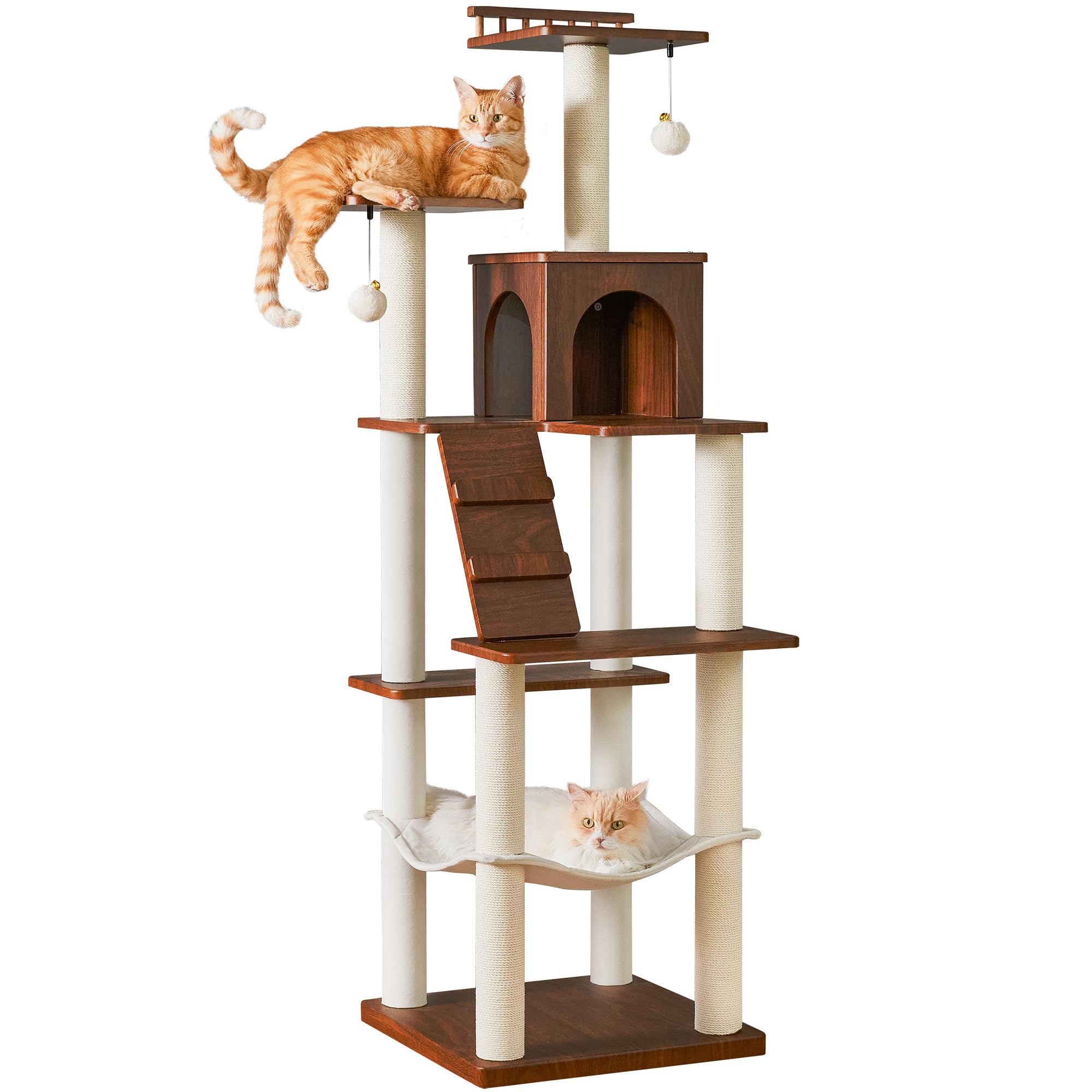 Quuzee Modern Cat Tree - 163 cm Cat Tower for Indoor Cats, Multi-Level Cat Condo with 7 Fully Wrapped Scratching Posts, 2 Perches, Hammock, Removable Pad & Dangling Balls-Walnut Brown